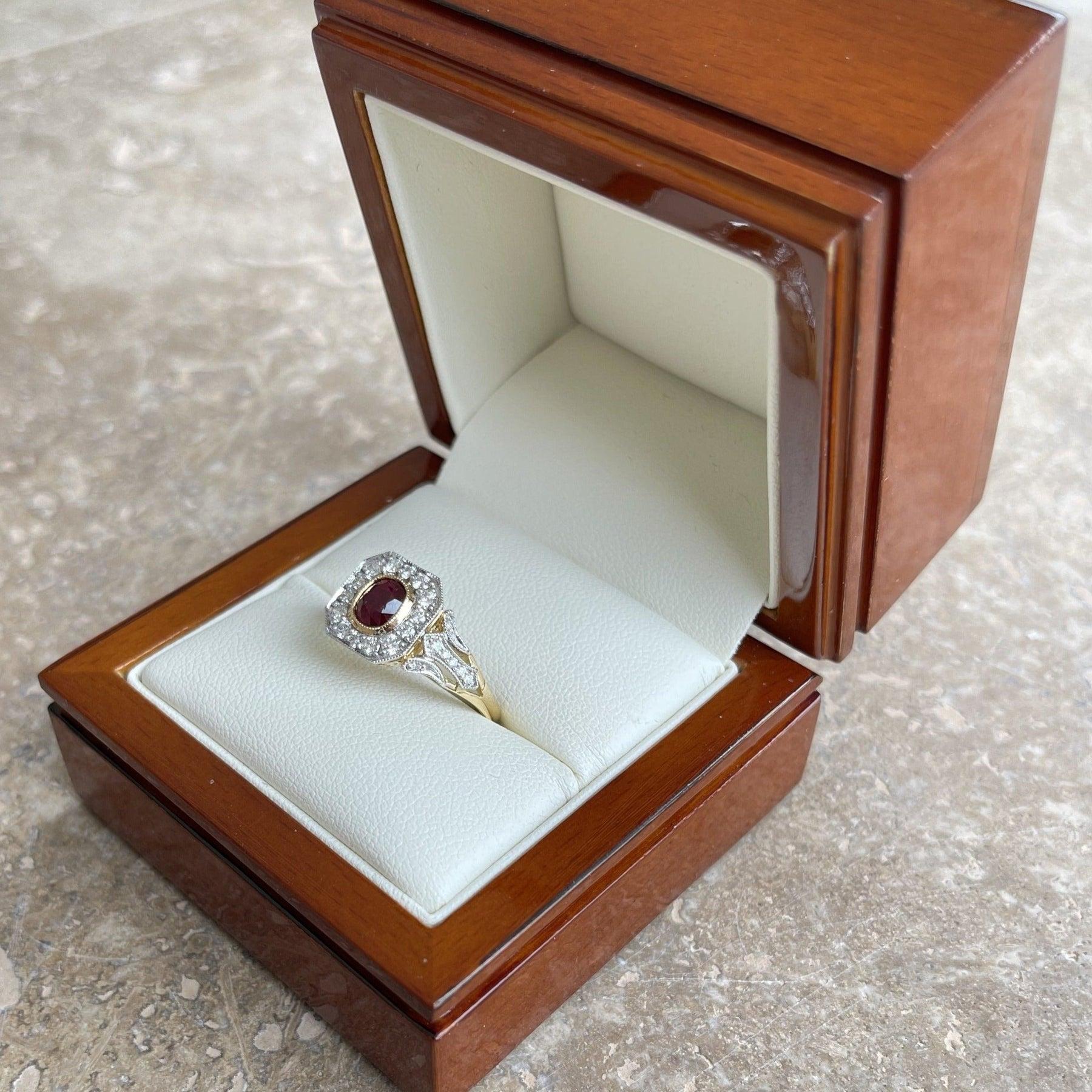For Sale:  18ct Yellow Gold 'No Heat' Gold Ruby and Diamond Ring 9