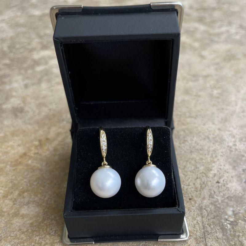 Brilliant Cut Imperial Jewels 18ct Yellow Gold Pearl and 0.14ct Diamond Earrings For Sale