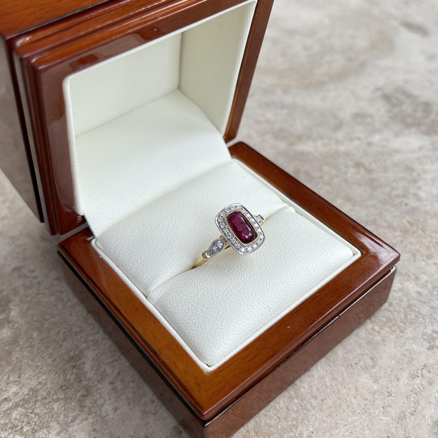 For Sale:  18ct Yellow Gold Ring with 'No Heat' 0.95ct Ruby and Diamond 7