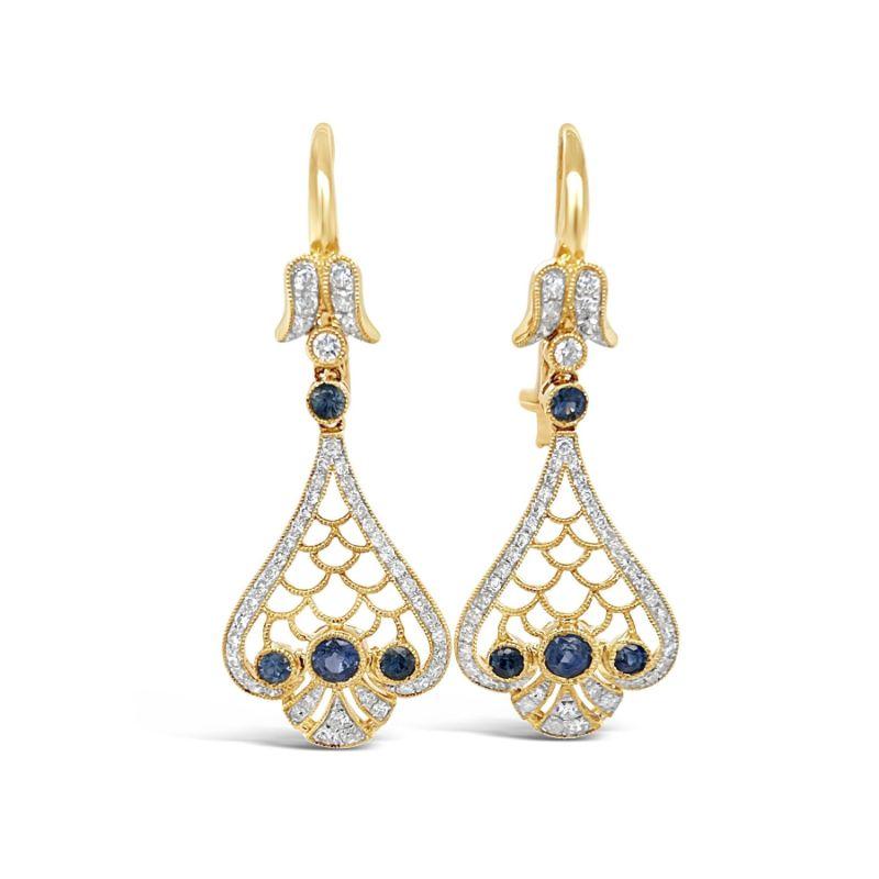 18ct Yellow Gold Sapphire and Diamond Earrings For Sale