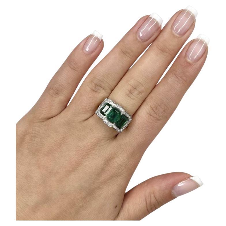 For Sale:  Imperial Jewels 18ct Yellow Gold Trilogy 3.51ct Emerald and Diamond Ring 6