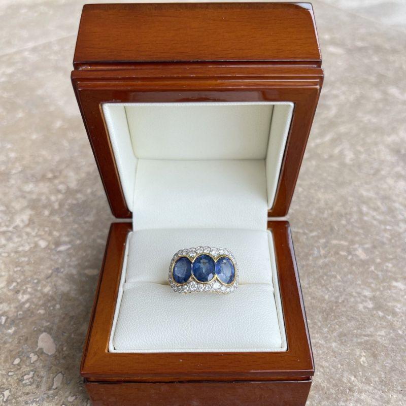 For Sale:  18ct Yellow Gold Trilogy Blue Sapphire and Diamond Ring 7