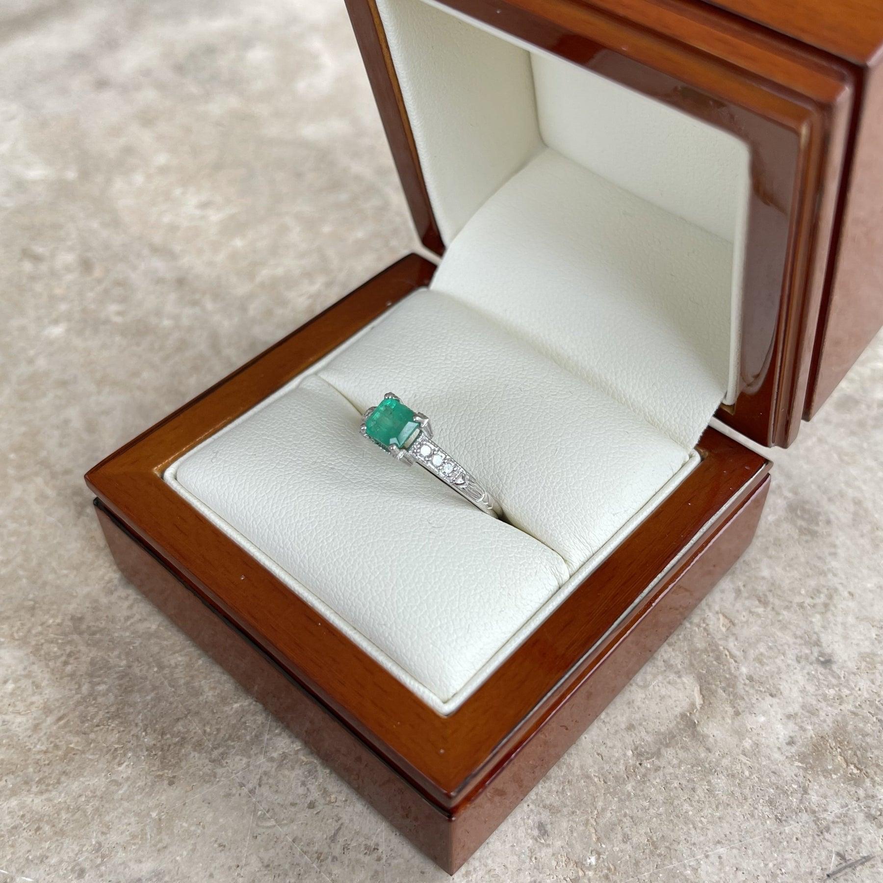 For Sale:  Platinum Emerald and Diamond Ring 9