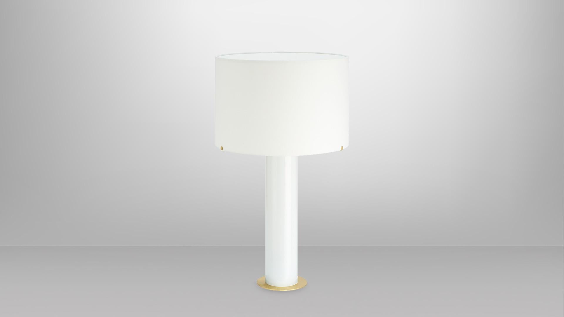 Imperial Linen Shade Table Lamp by CTO Lighting
Materials: opal white glass, satin brass
Dimensions: 38.5 x H 66 cm

All our lamps can be wired according to each country. If sold to the USA it will be wired for the USA for instance.

2 x E12, 60w