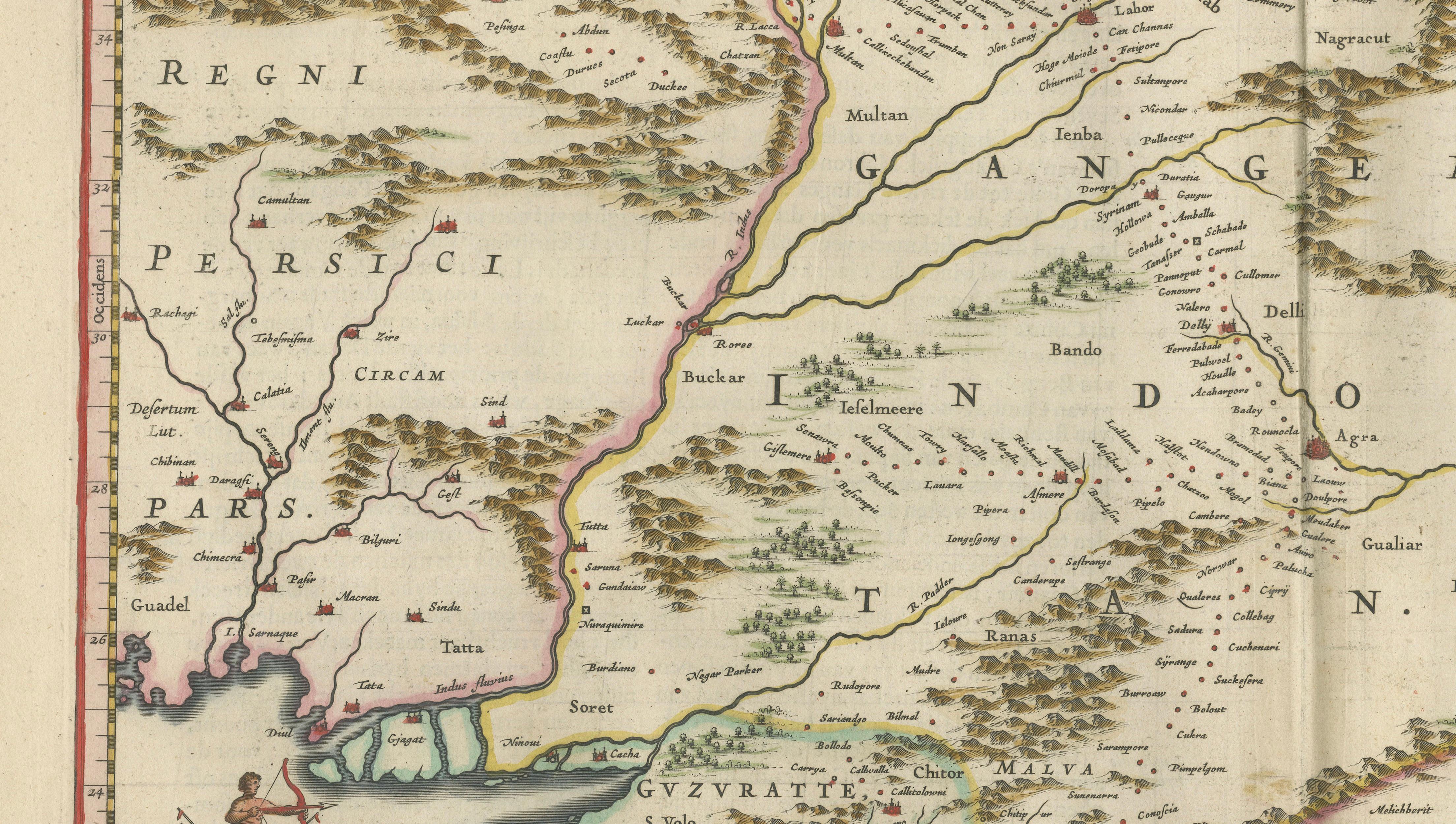 Imperial Mughal India Blaeu Map, Ganges Delta & Persia c.1642