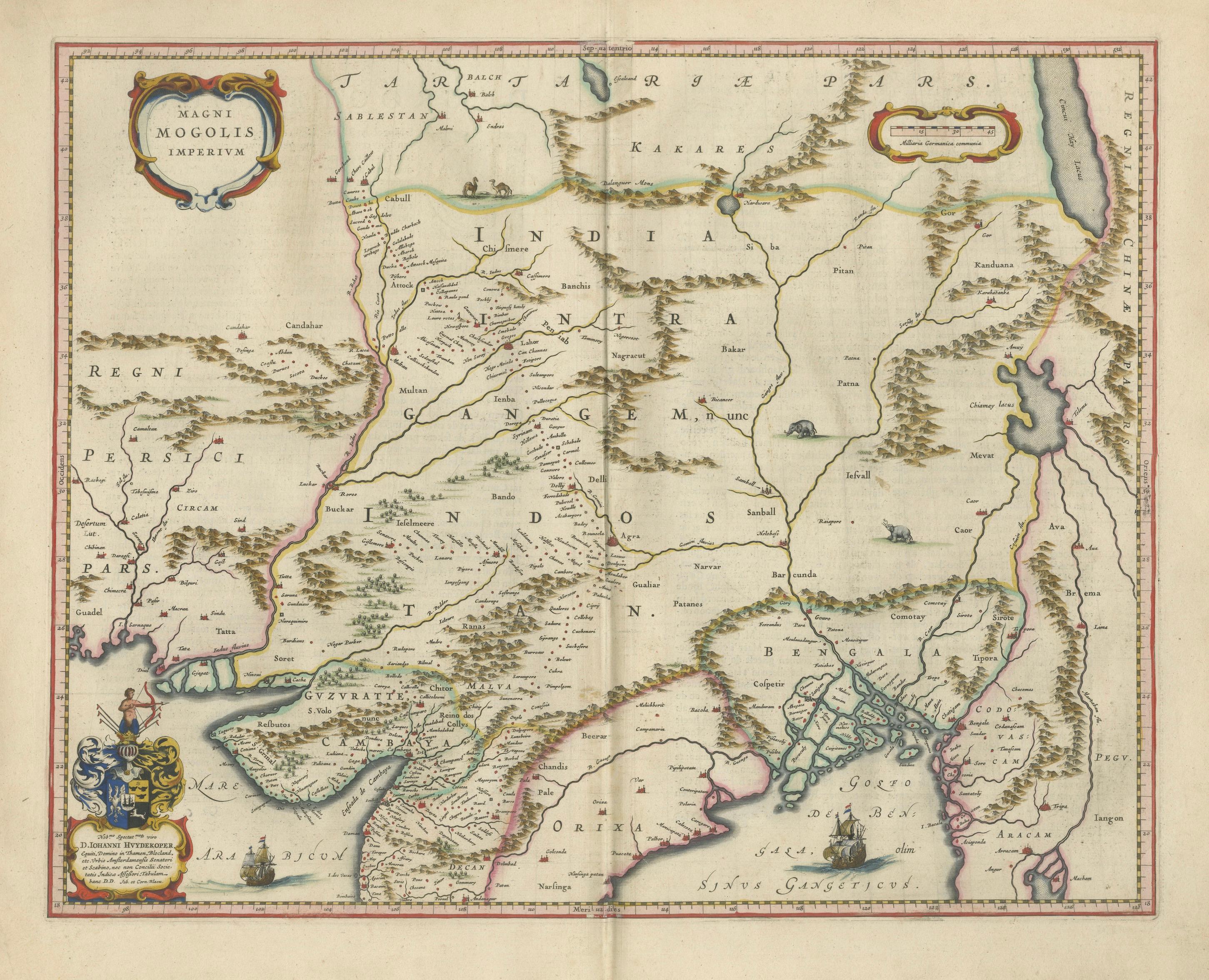Imperial Mughal India Blaeu Map, Ganges Delta & Persia c.1642