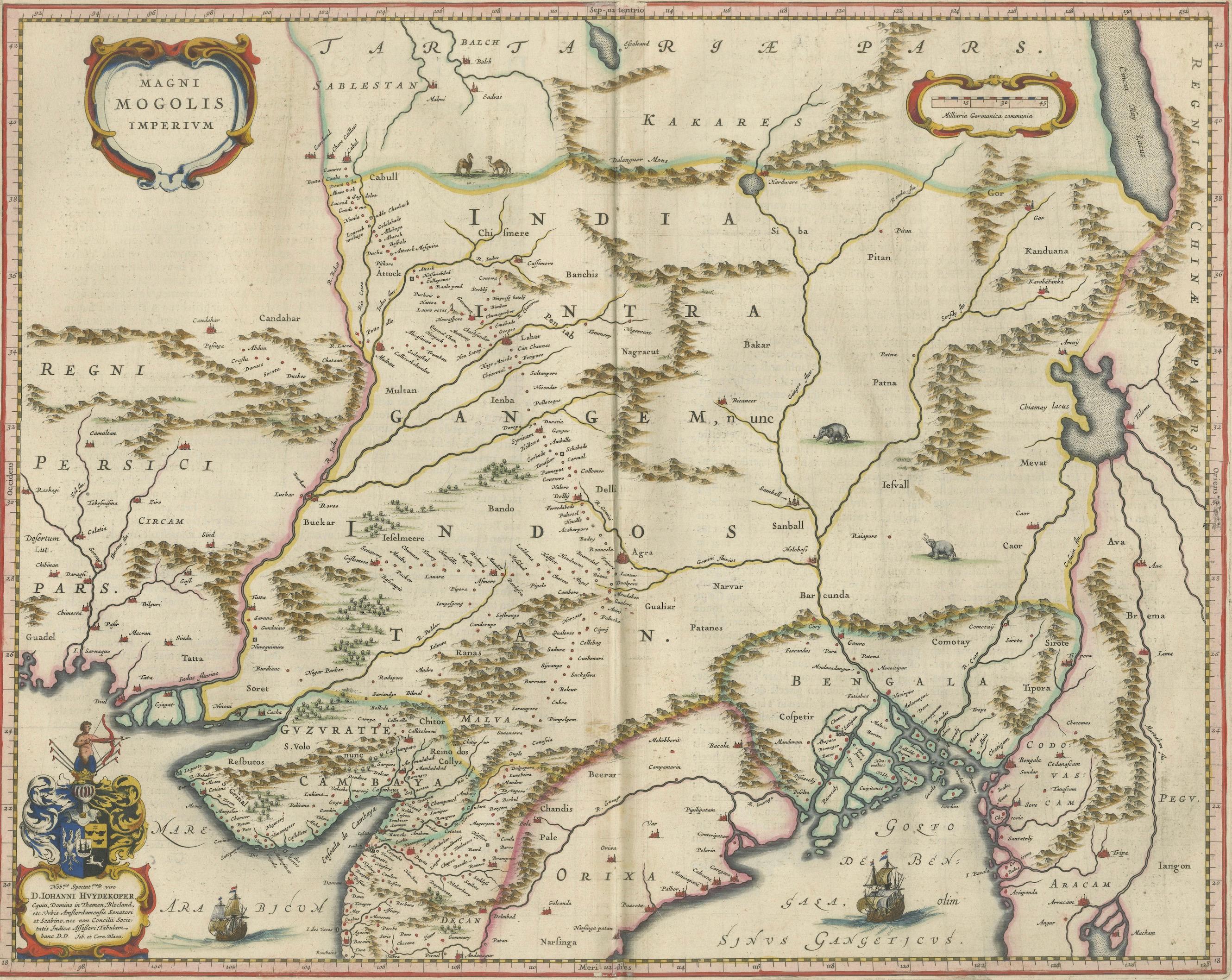 Imperial Mughal India Blaeu Map, Ganges Delta & Persia c.1642