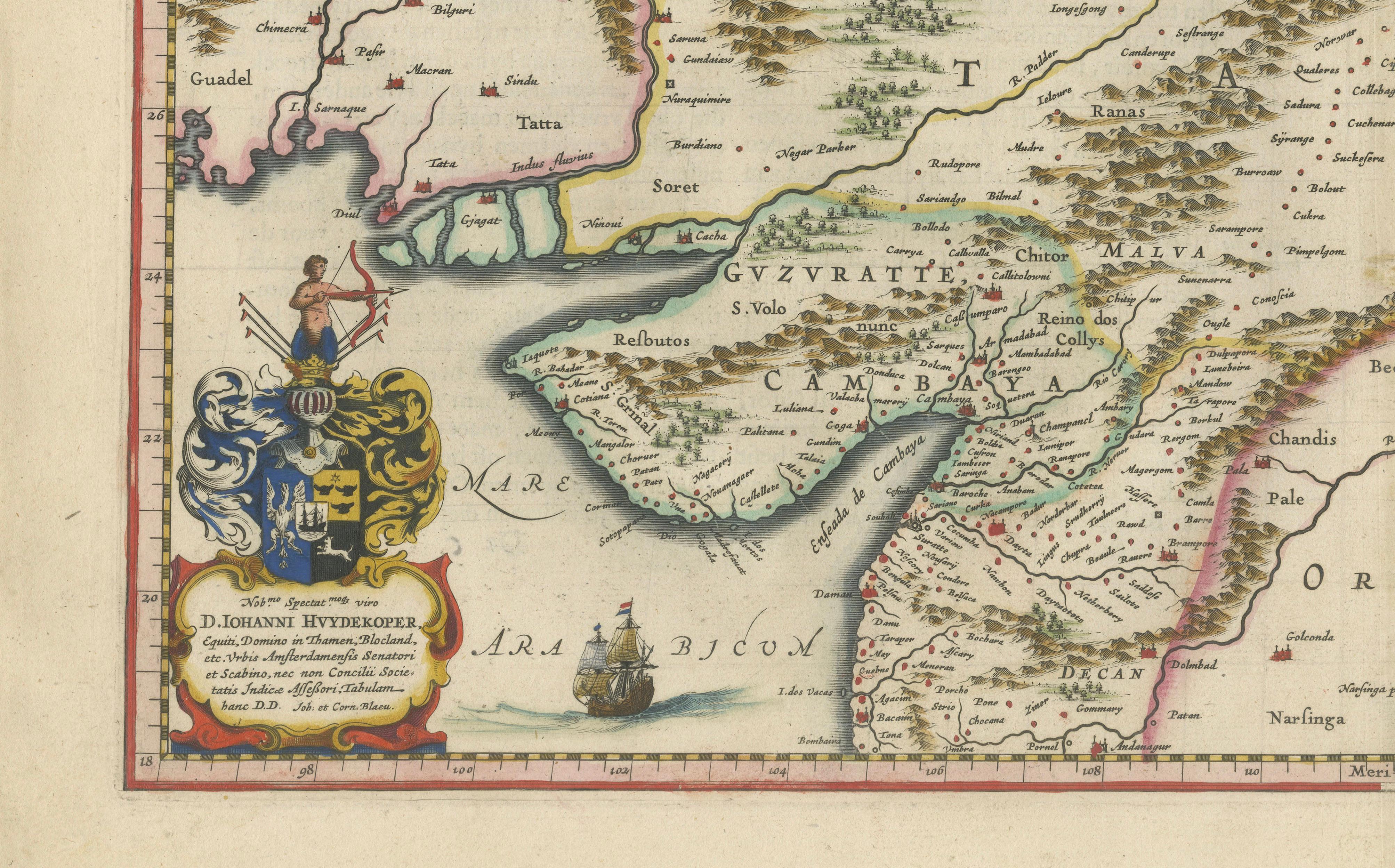 Imperial Mughal India Blaeu Map, Ganges Delta & Persia c.1642