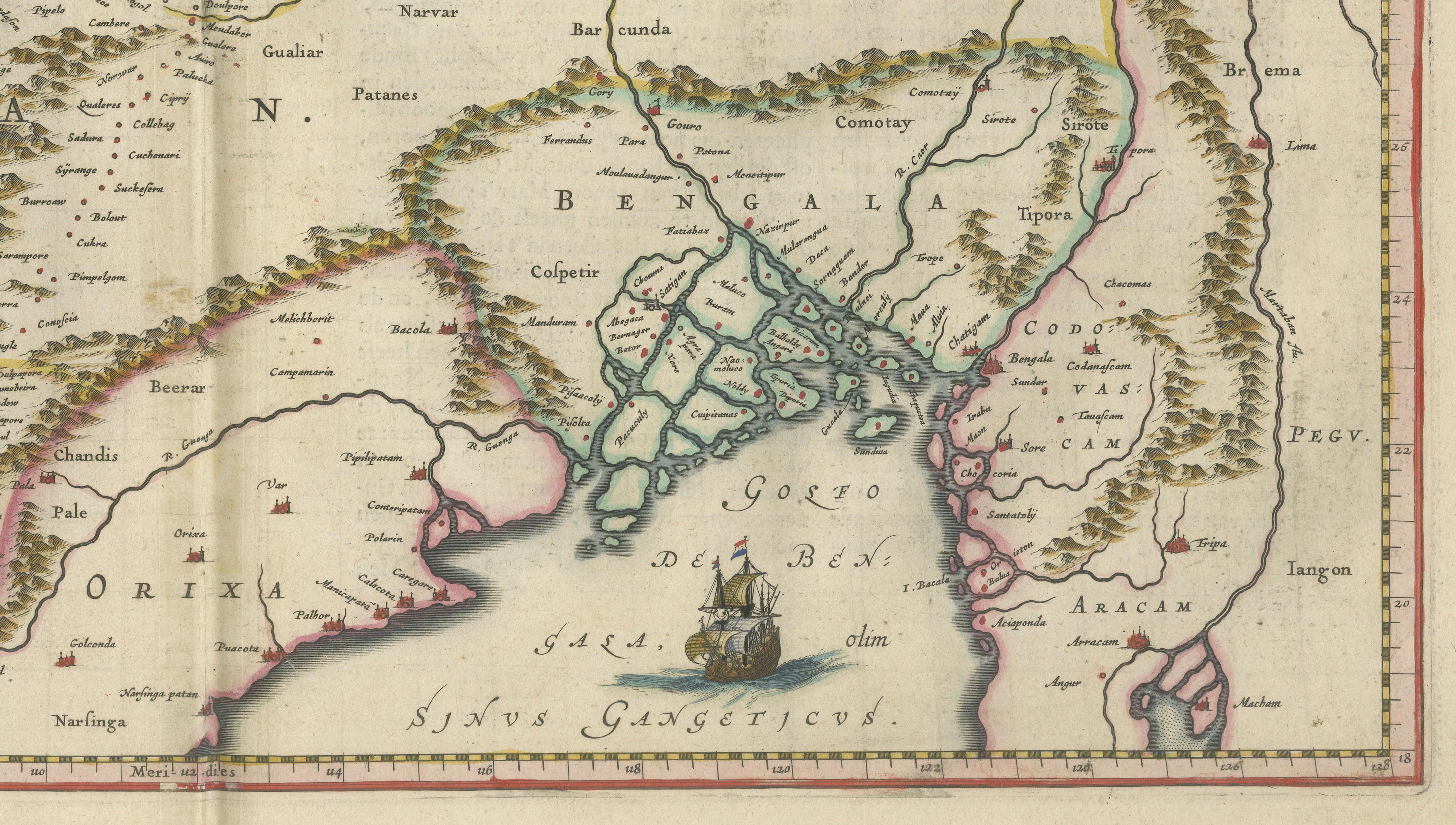 Imperial Mughal India Blaeu Map, Ganges Delta & Persia c.1642