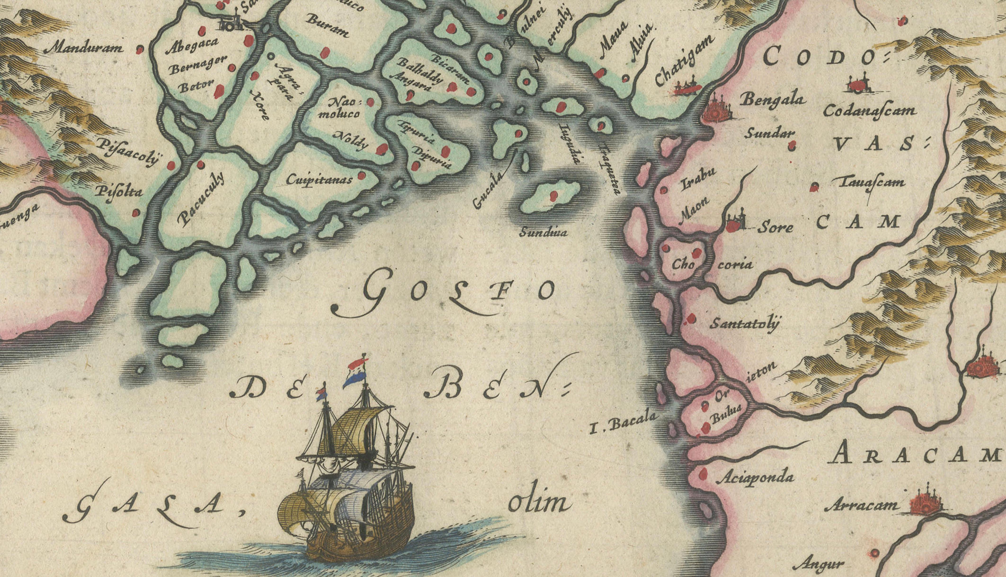 Imperial Mughal India Blaeu Map, Ganges Delta & Persia c.1642