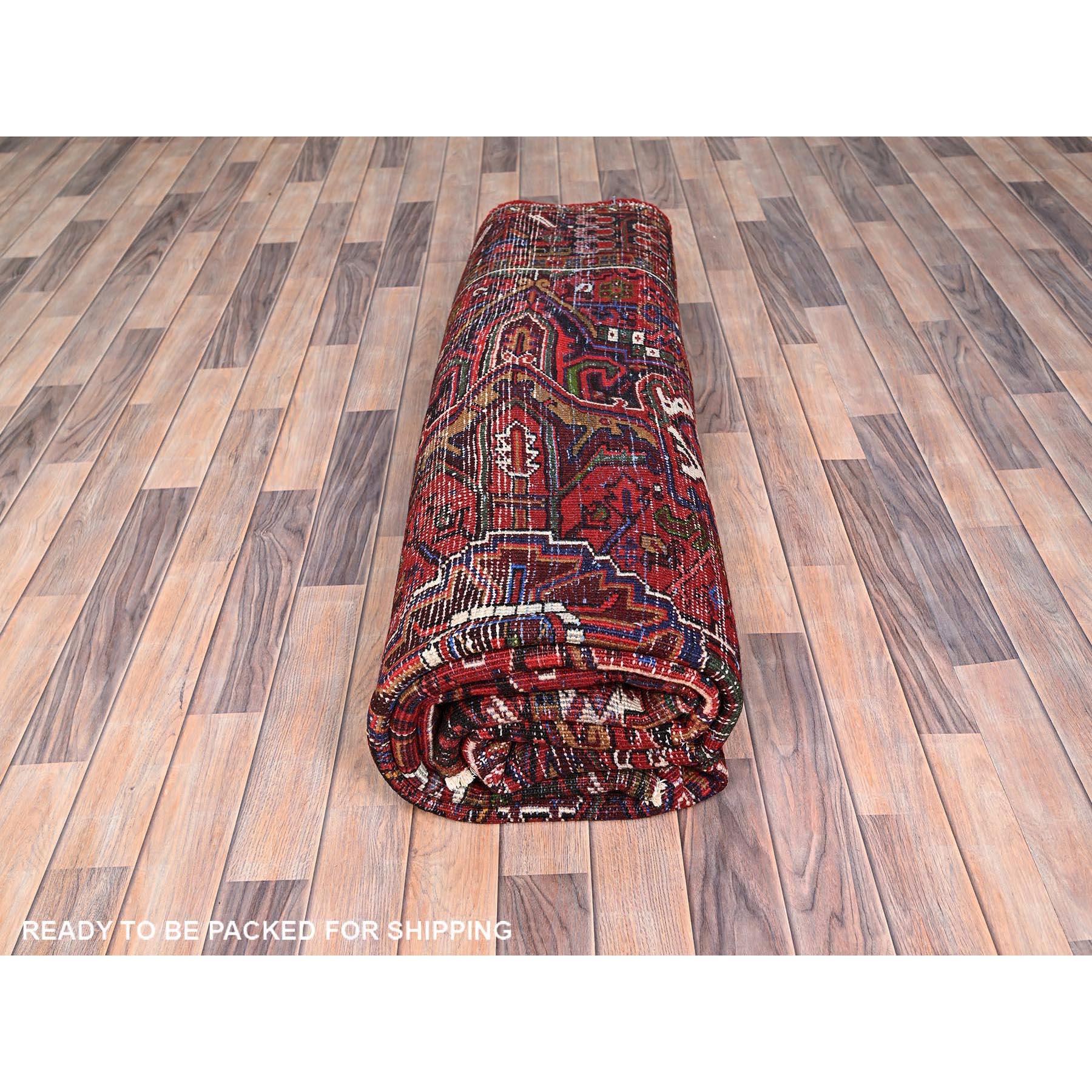 Imperial Red Semi Antique Persian Heriz Rustic Feel Worn Wool Hand Knotted Rug For Sale 5