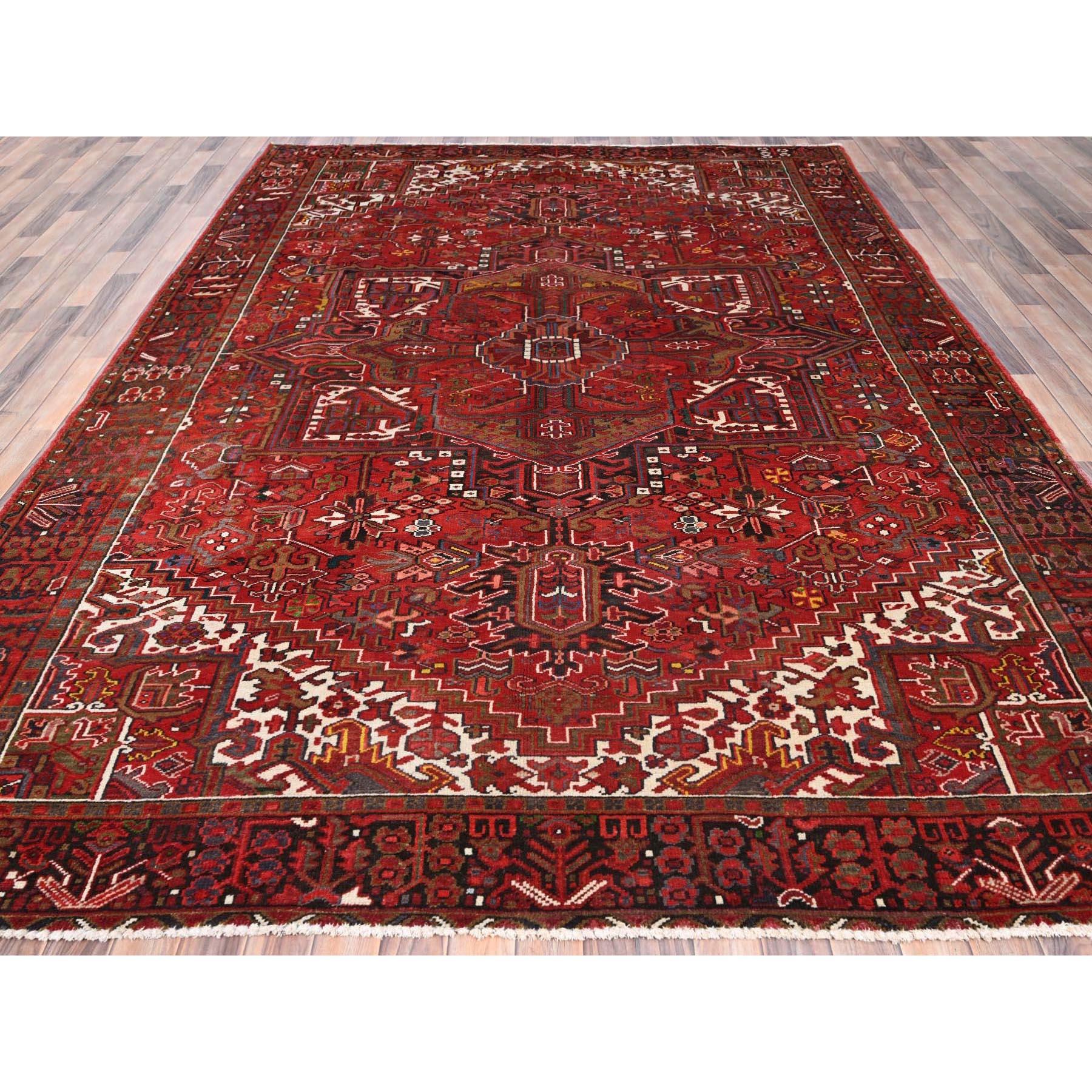 Hand-Knotted Imperial Red Semi Antique Persian Heriz Rustic Feel Worn Wool Hand Knotted Rug For Sale