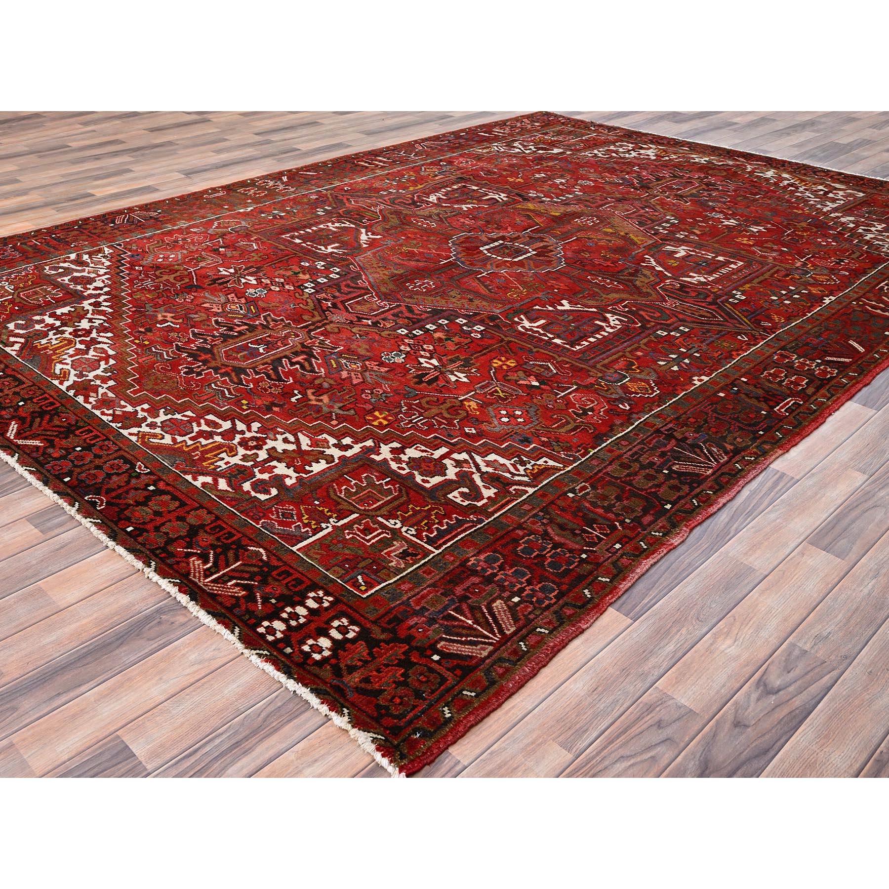 Imperial Red Semi Antique Persian Heriz Rustic Feel Worn Wool Hand Knotted Rug In Good Condition For Sale In Carlstadt, NJ