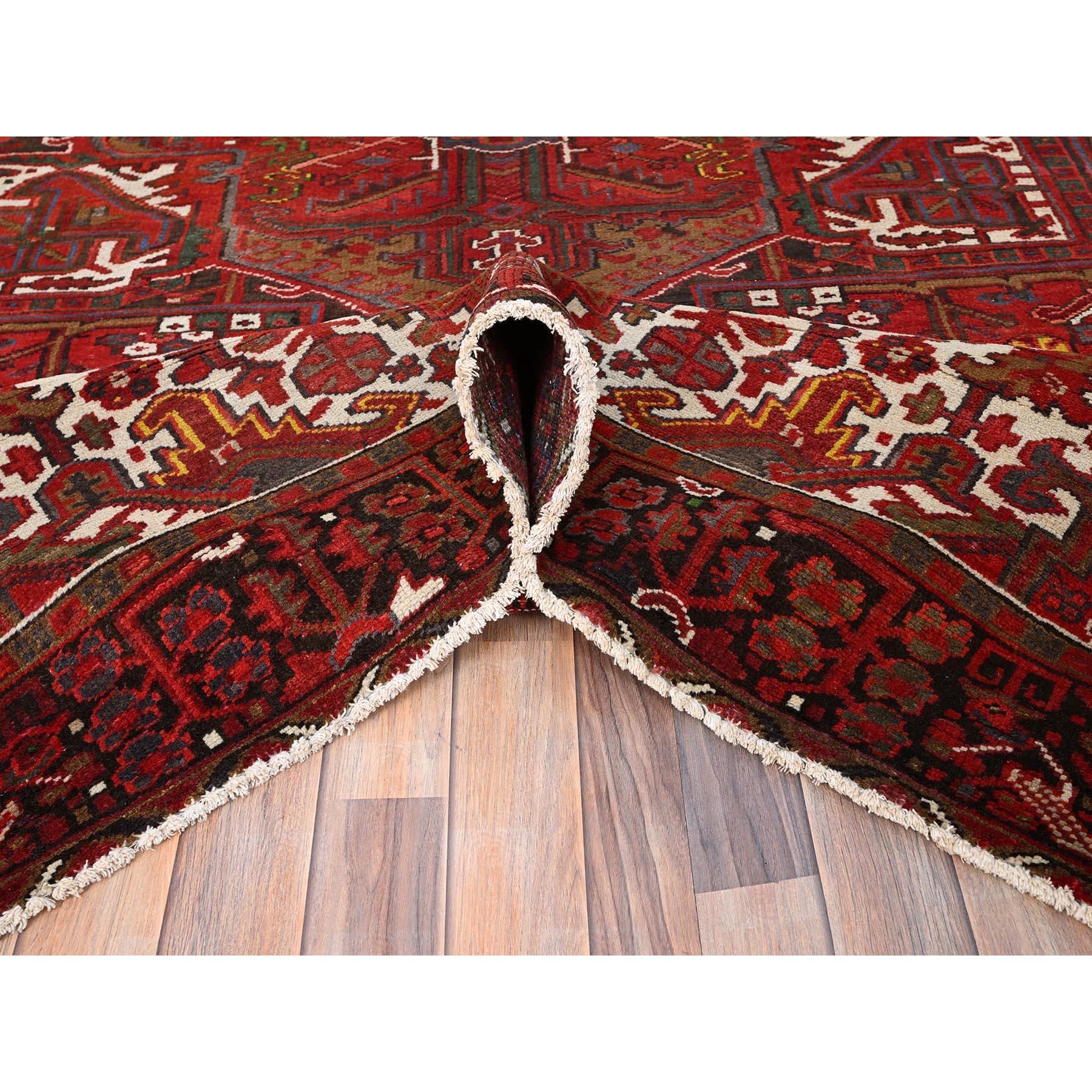 Imperial Red Semi Antique Persian Heriz Rustic Feel Worn Wool Hand Knotted Rug For Sale 1