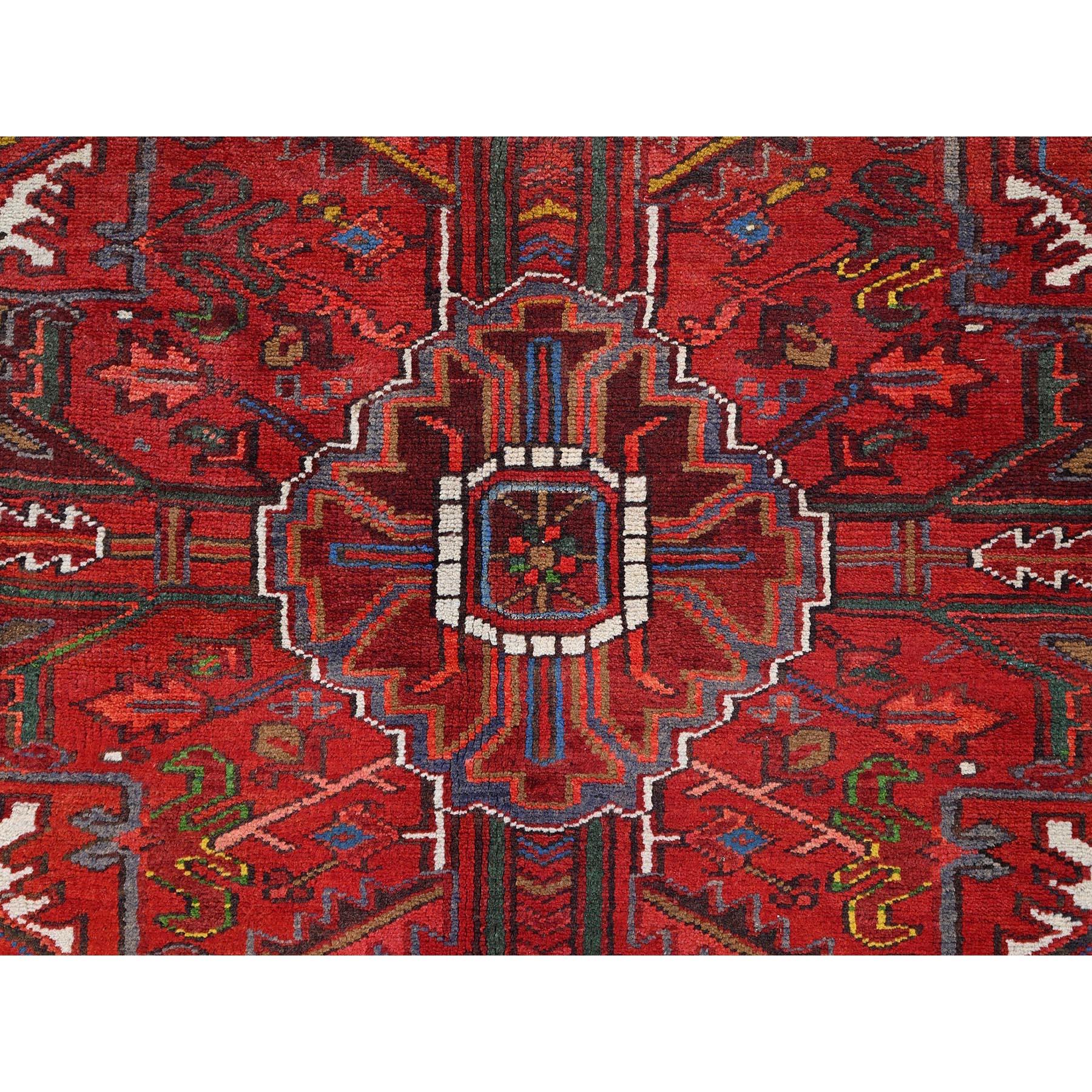 Imperial Red Semi Antique Persian Heriz Rustic Feel Worn Wool Hand Knotted Rug For Sale 4