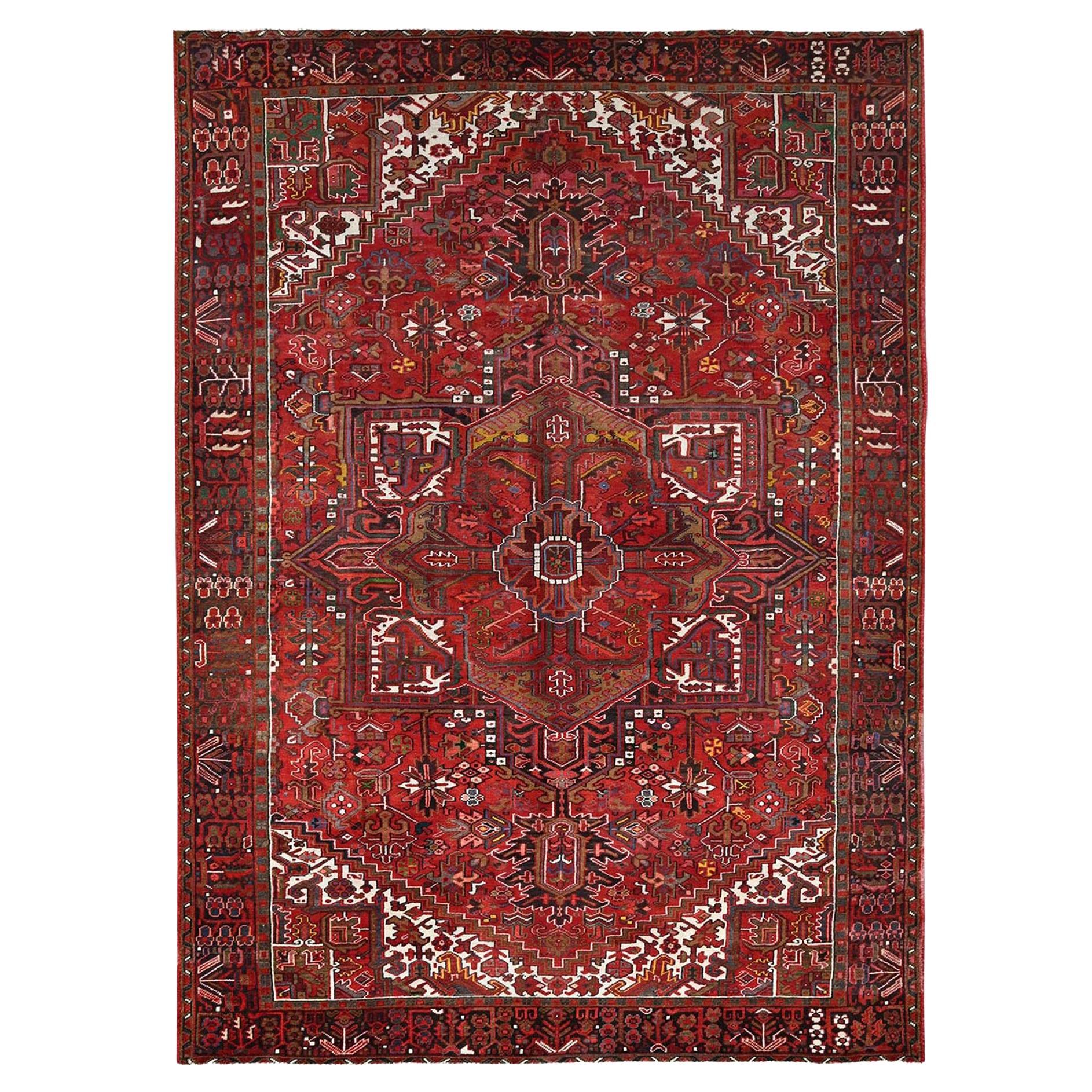 Imperial Red Semi Antique Persian Heriz Rustic Feel Worn Wool Hand Knotted Rug For Sale