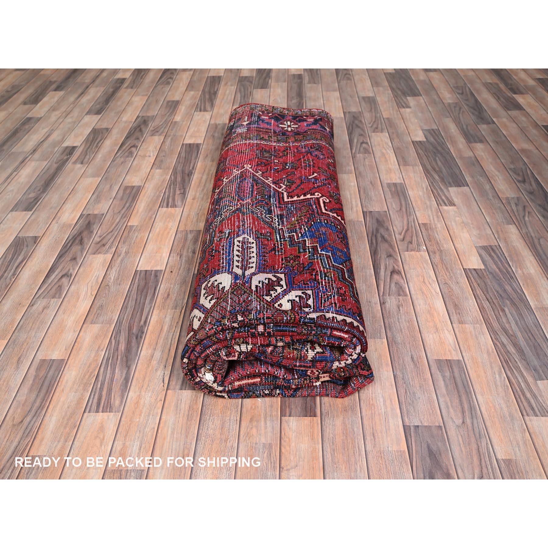 Imperial Red Semi Antique Persian Heriz Rustic Look Pure Wool Hand Knotted Rug For Sale 4