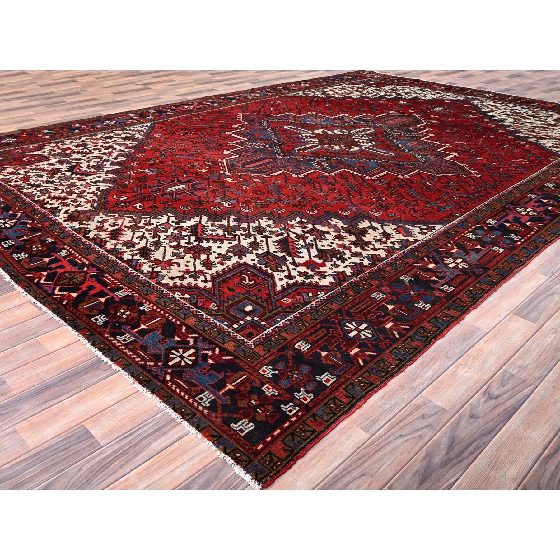 Hand-Knotted Imperial Red Semi Antique Persian Heriz Rustic Look Pure Wool Hand Knotted Rug For Sale