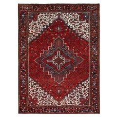 Tapis persan semi-ancien rouge impérial Heriz de style rustique en pure laine nouée à la main