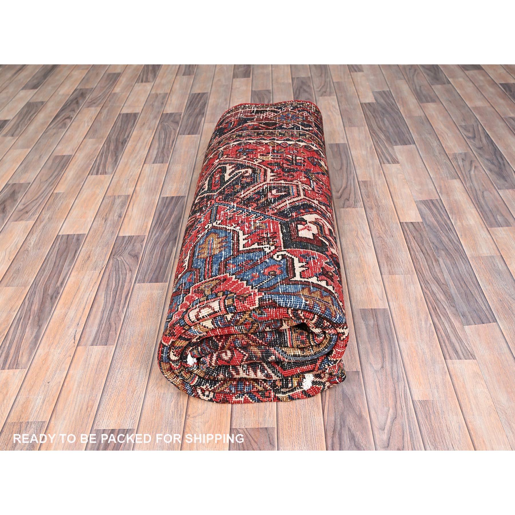 Imperial Red Vintage Persian Heriz Distressed Look Pure Wool Hand Knotted Rug For Sale 4