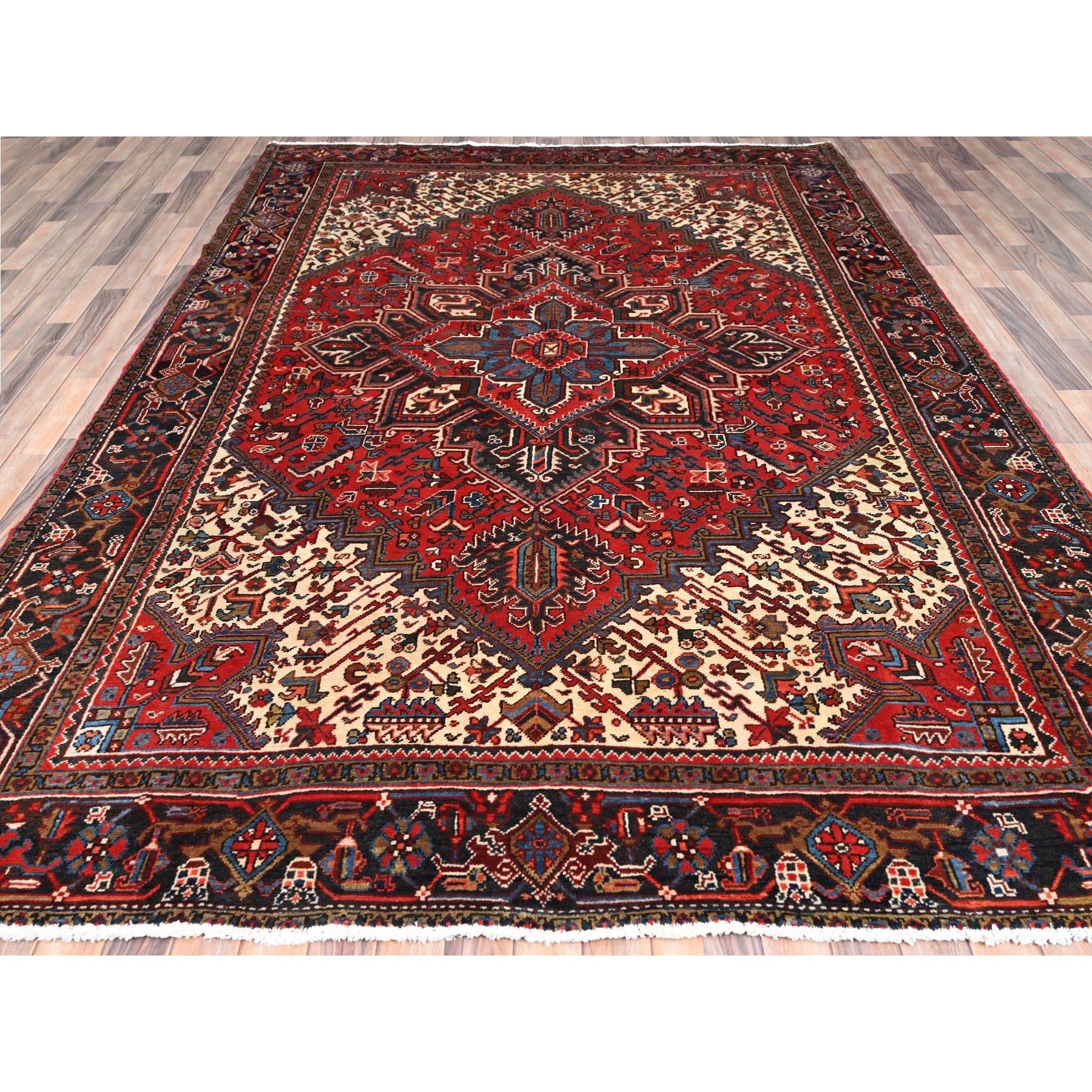 Heriz Serapi Imperial Red Vintage Persian Heriz Distressed Look Pure Wool Hand Knotted Rug For Sale