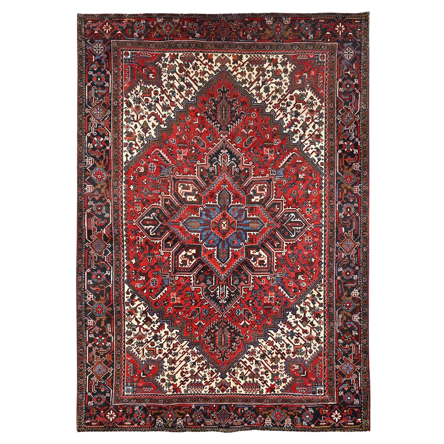 Imperial Red Vintage Persian Heriz Distressed Look Pure Wool Hand Knotted Rug For Sale