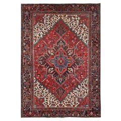 Imperial Red Retro Persian Heriz Distressed Look Pure Wool Hand Knotted Rug