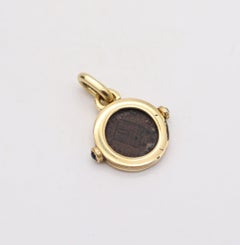 IMPERIAL ROME 337 AD Constantine Antique Coin Pendant In 18Kt Gold & Sapphires