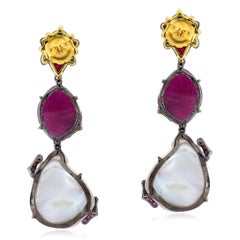 Imperial Ruby & Baroque Pearl Foliate Drop Earrings