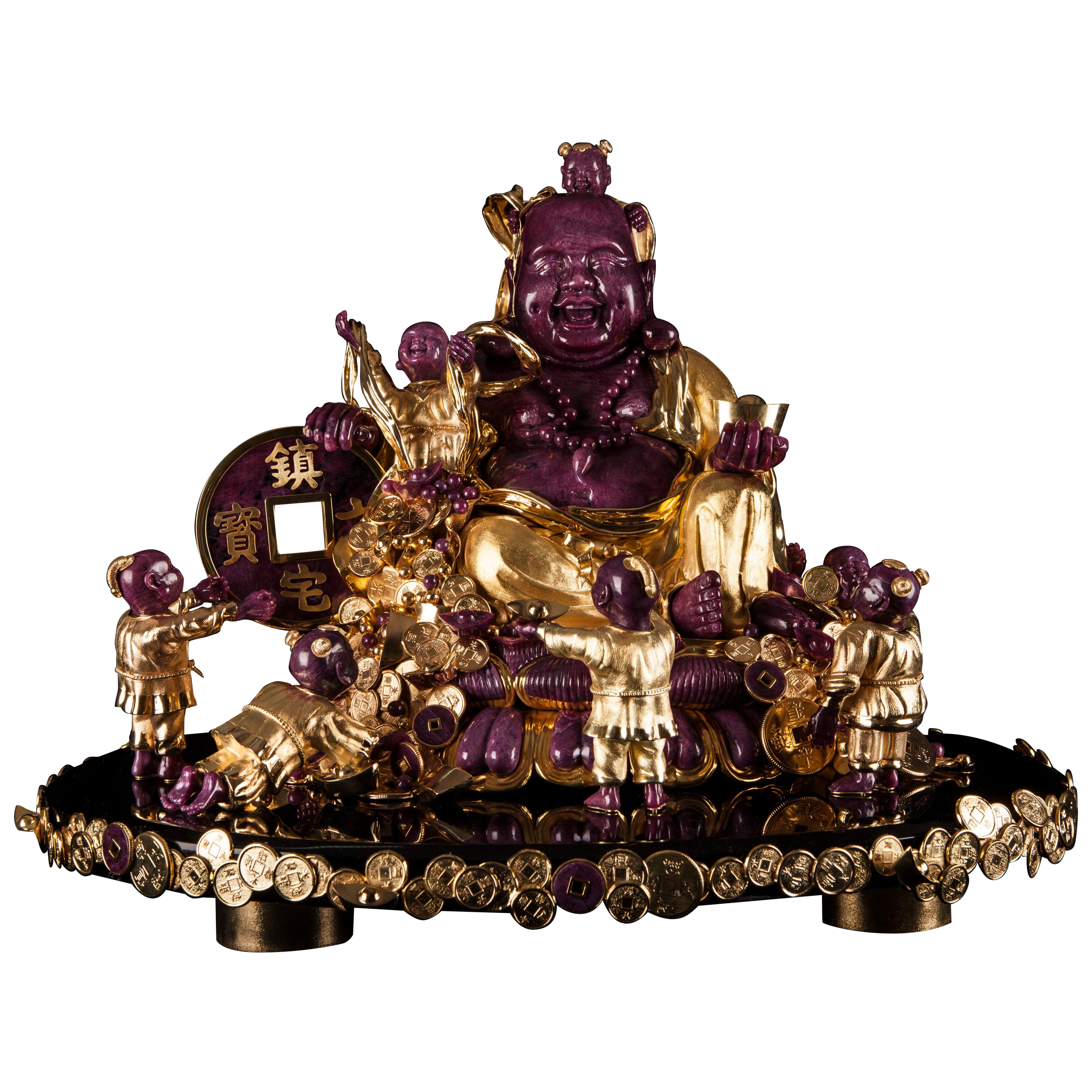 Imperial Gold Buddha ridente con bambini Massive Ruby Carved & Gold Vermeil in vendita