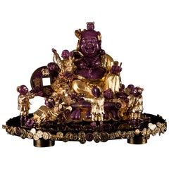 Imperial Ruby Laughing Buddha with Children Massive Carved Ruby & Gold Vermeil
