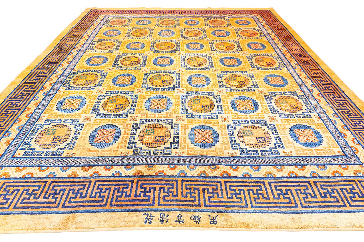Introducing a magnificent masterpiece of the oriental world - the Imperial Palace Silk and Metal Rug! Hand-woven during the end of the 19th century probably for a temple within the Forbidden City, this rug is a true reflection of Chinese