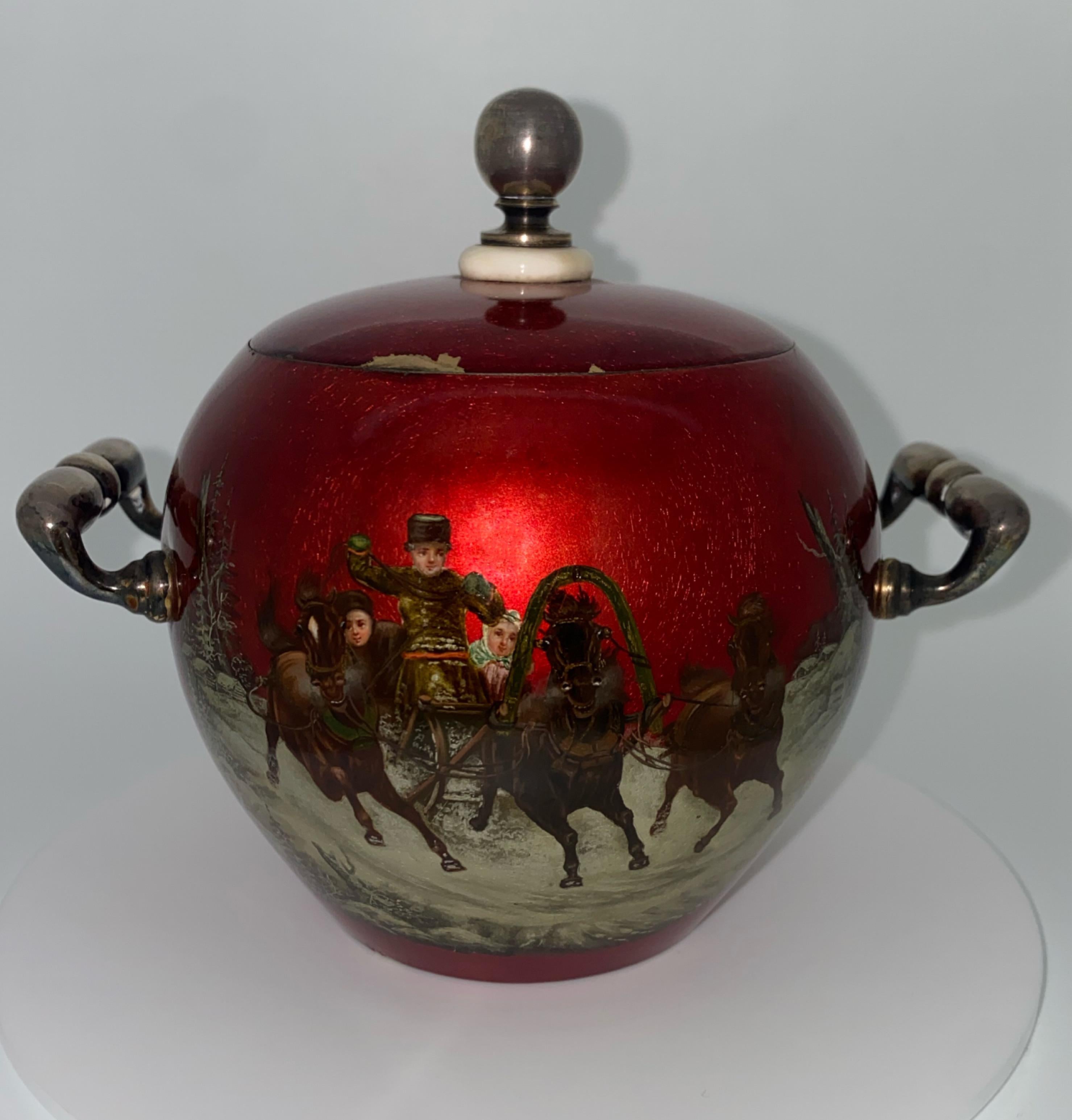 Russian Empire Imperial Russia c1895 Silver/Enamel Tea Set “Seasons” by I. Morozov, Kvetkovsky For Sale