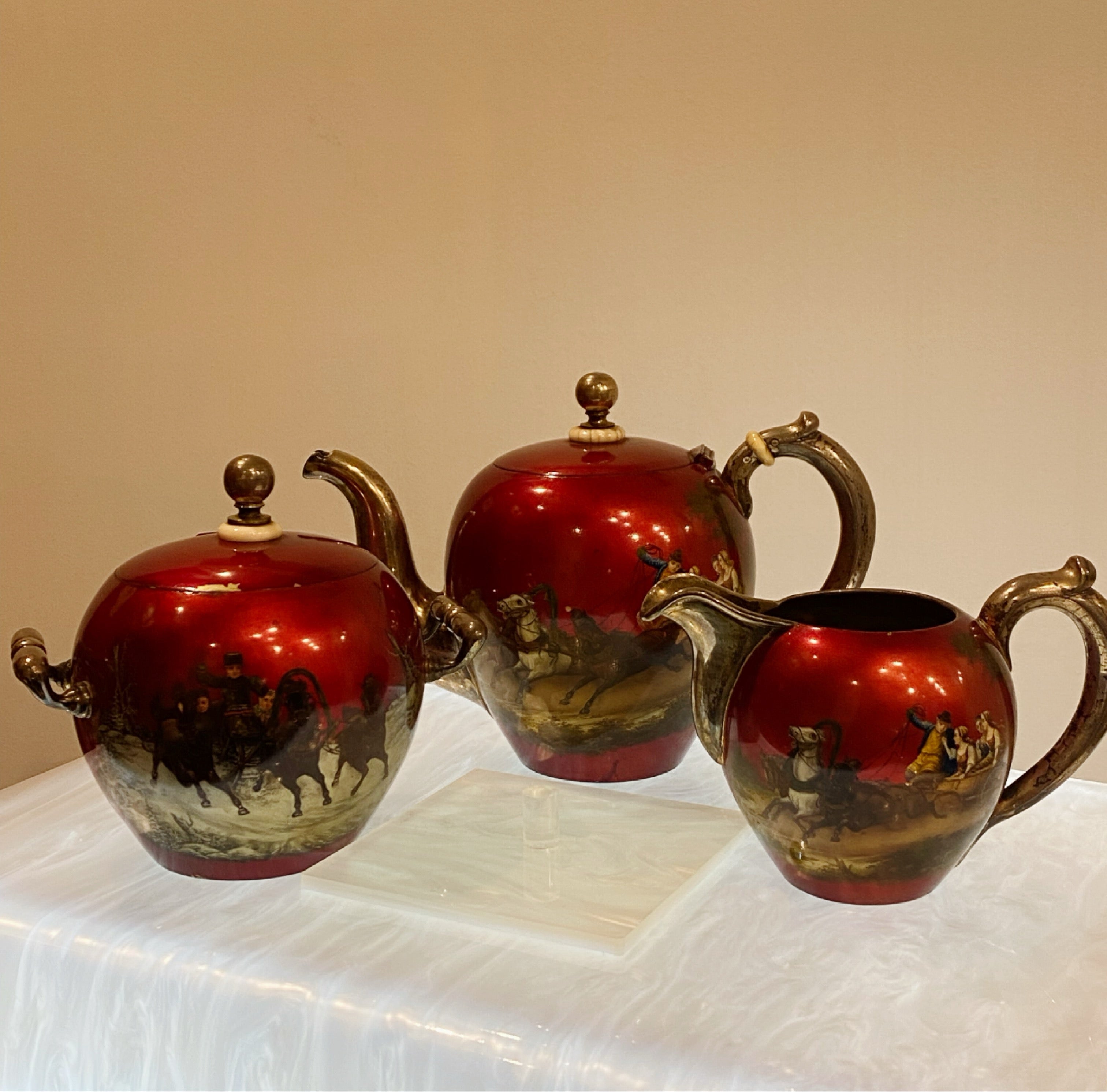 Imperial Russia c1895 Silver/Enamel Tea Set “Seasons” by I. Morozov, Kvetkovsky For Sale