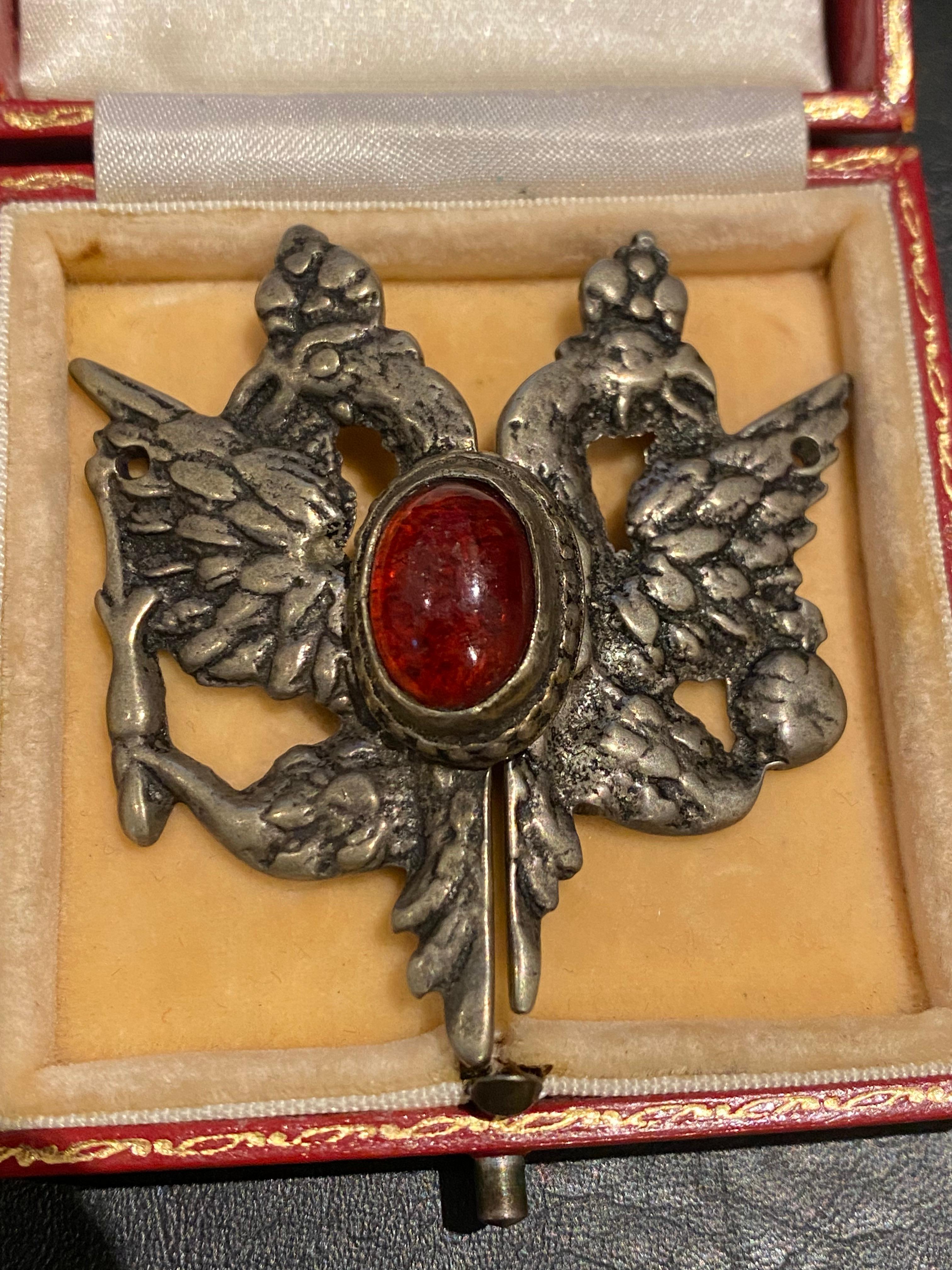 Russian Empire Imperial Russia Double Headed Eagle Red Glass Belt Buckle, c1900's WWI. For Sale