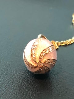 Imperial Russian 14 Karat Guilloche Enamel Egg Pendent Set with Diamonds