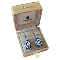 IMPERIAL RUSSIAN 14k Rose Gold Diamonds Pearls Blue Guilloche Enamel Earrings