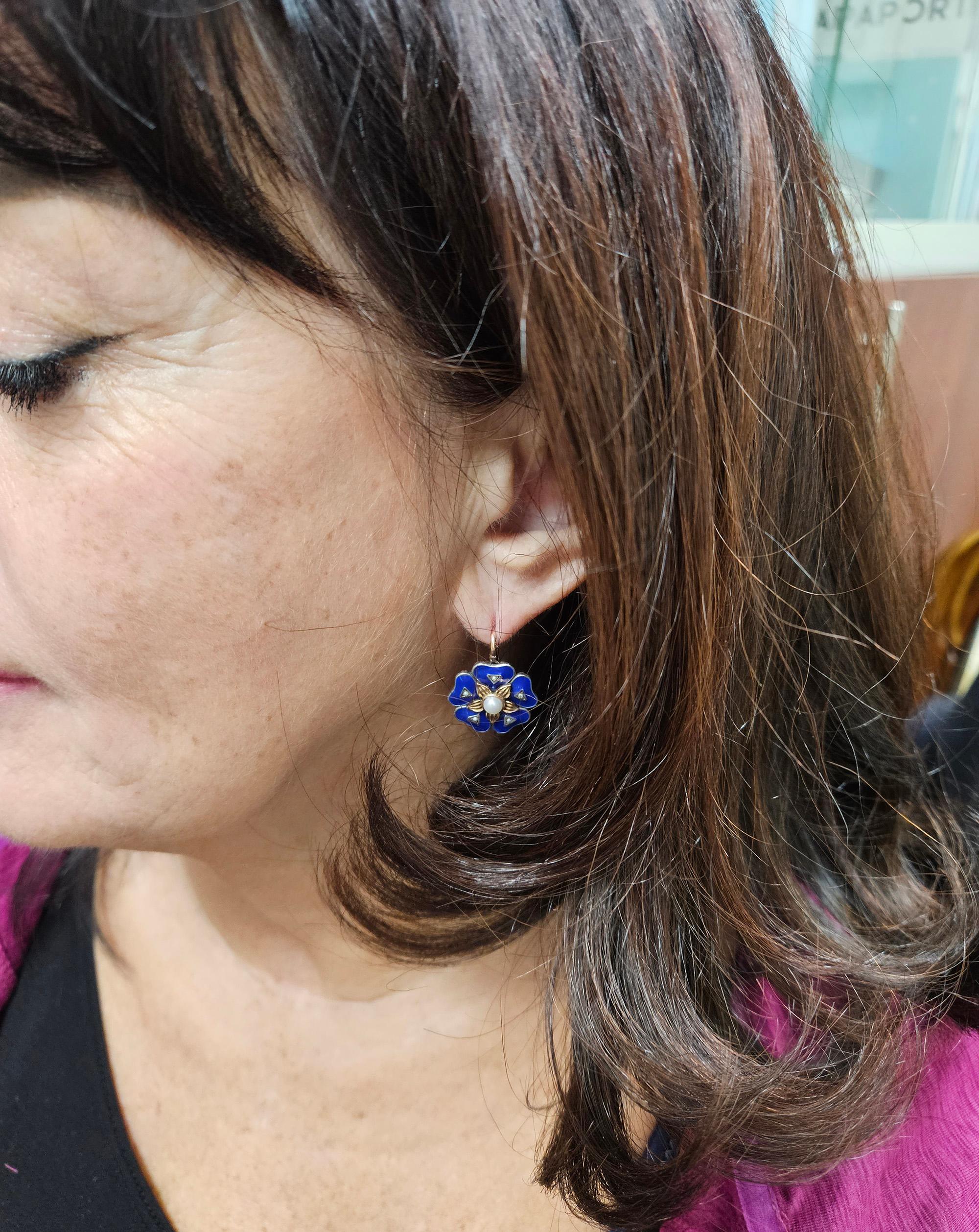 IMPERIAL RUSSIAN 14k Rose Gold Flower Pearls Blue Guilloche Enamel Drop Earrings 4