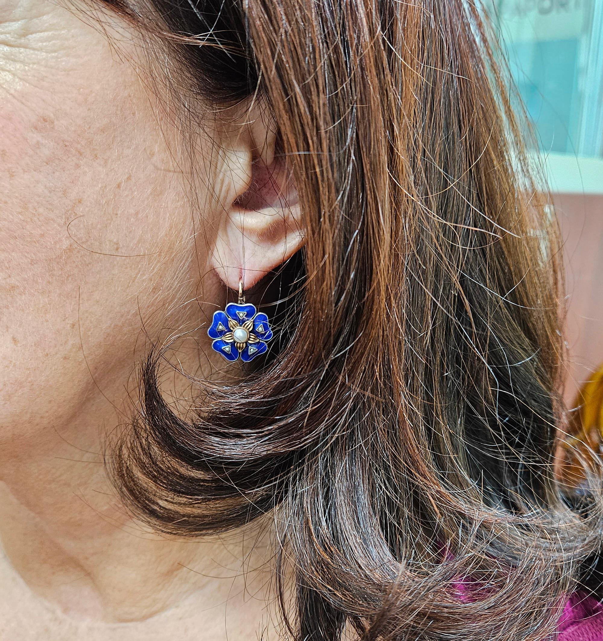IMPERIAL RUSSIAN 14k Rose Gold Flower Pearls Blue Guilloche Enamel Drop Earrings 5