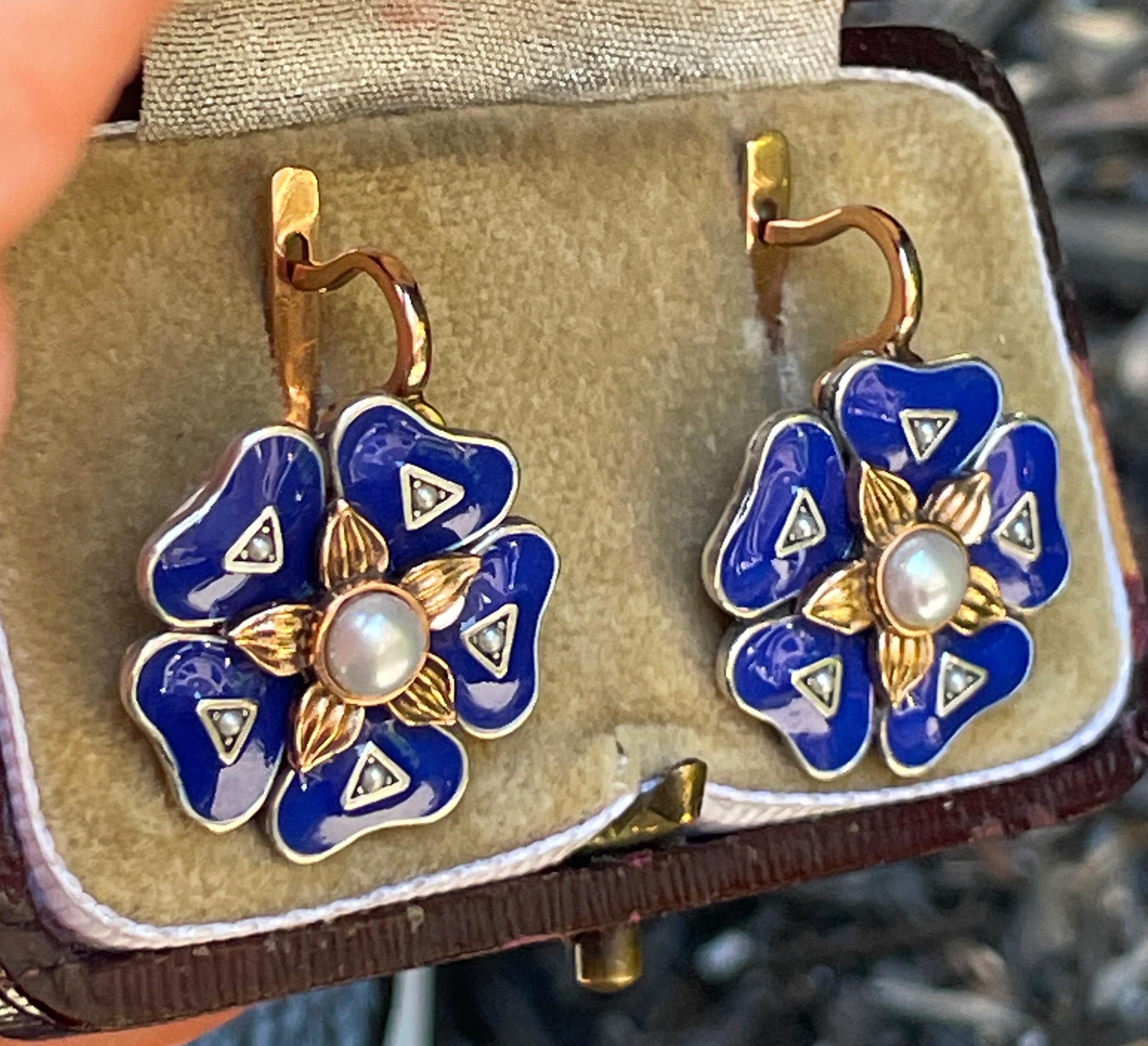 IMPERIAL RUSSIAN 14k Rose Gold Flower Pearls Blue Guilloche Enamel Drop Earrings 7