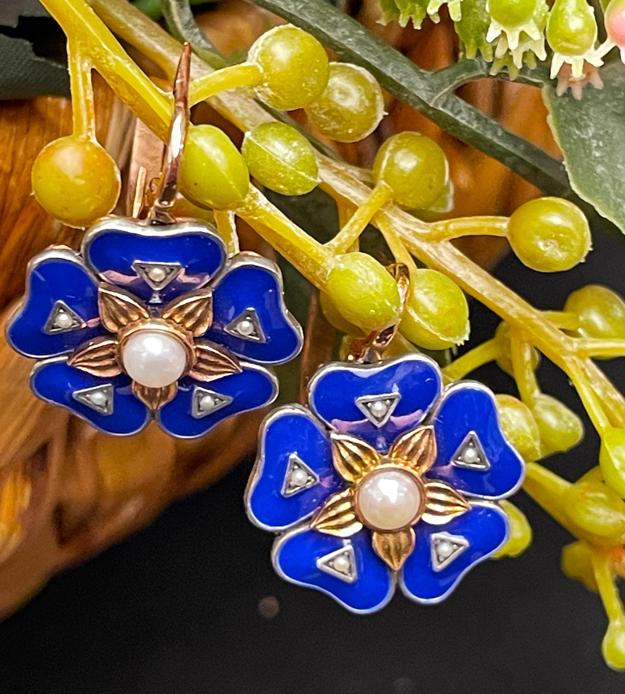 IMPERIAL RUSSIAN 14k Rose Gold Flower Pearls Blue Guilloche Enamel Drop Earrings 9