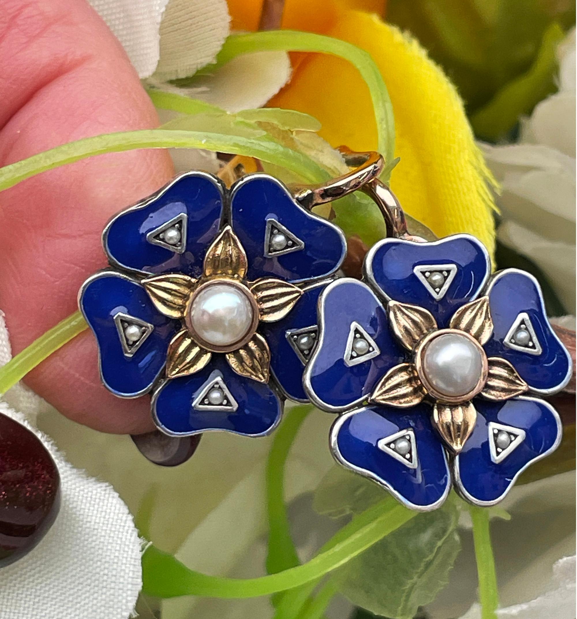 IMPERIAL RUSSIAN 14k Rose Gold Flower Pearls Blue Guilloche Enamel Drop Earrings 10