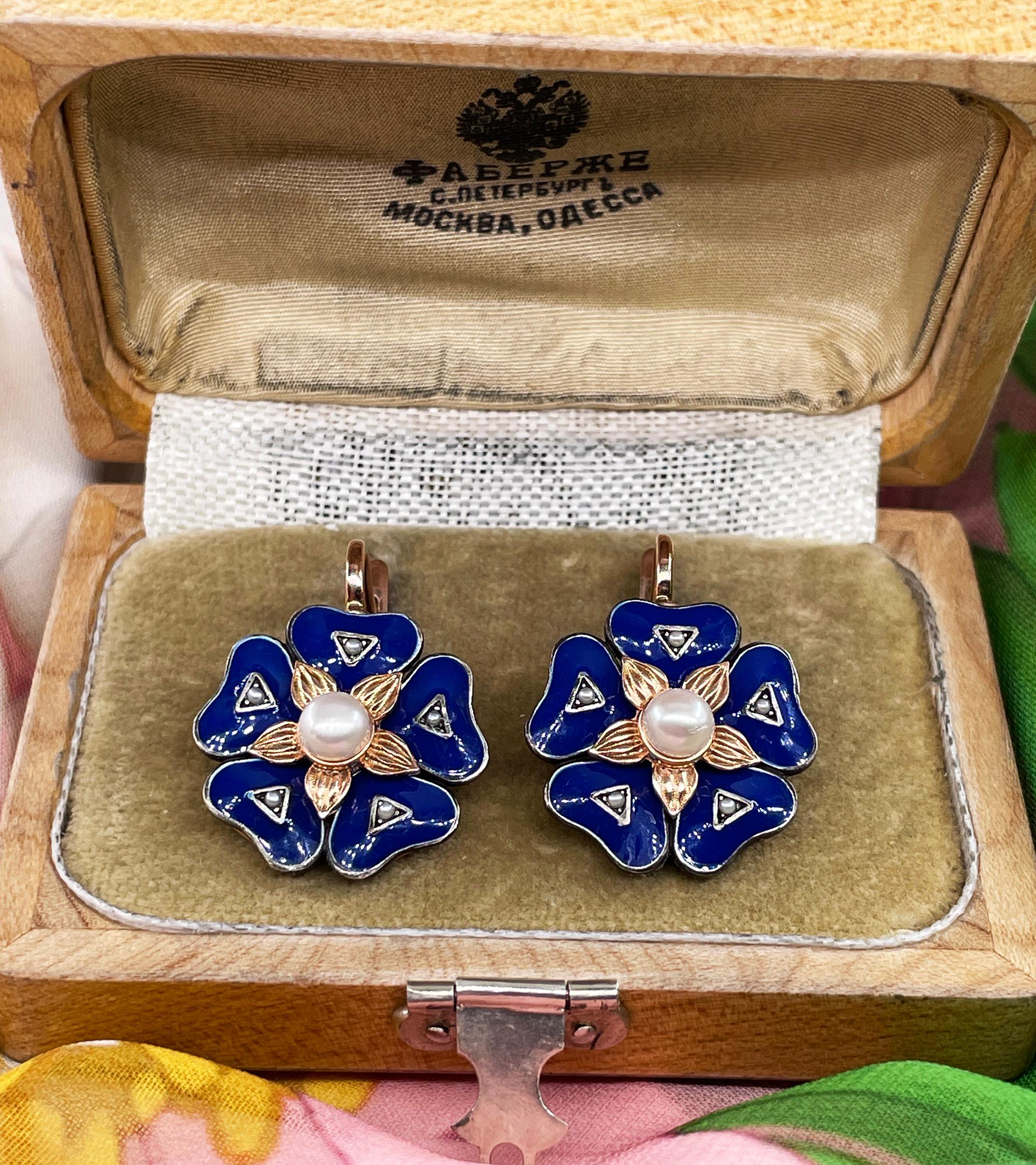 IMPERIAL RUSSIAN 14k Rose Gold Flower Pearls Blue Guilloche Enamel Drop Earrings 12