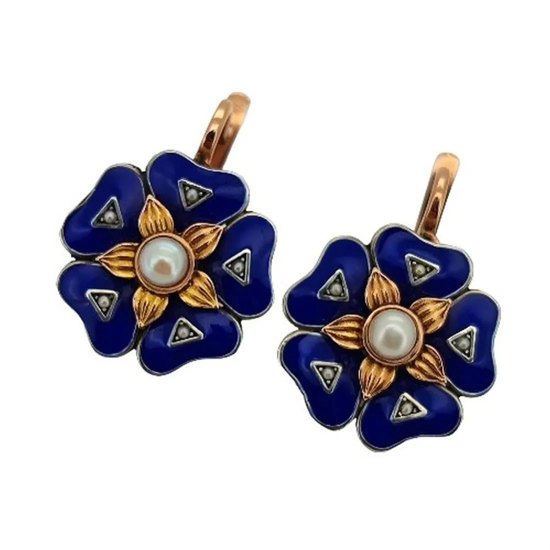 Russian Empire IMPERIAL RUSSIAN 14k Rose Gold Flower Pearls Blue Guilloche Enamel Drop Earrings