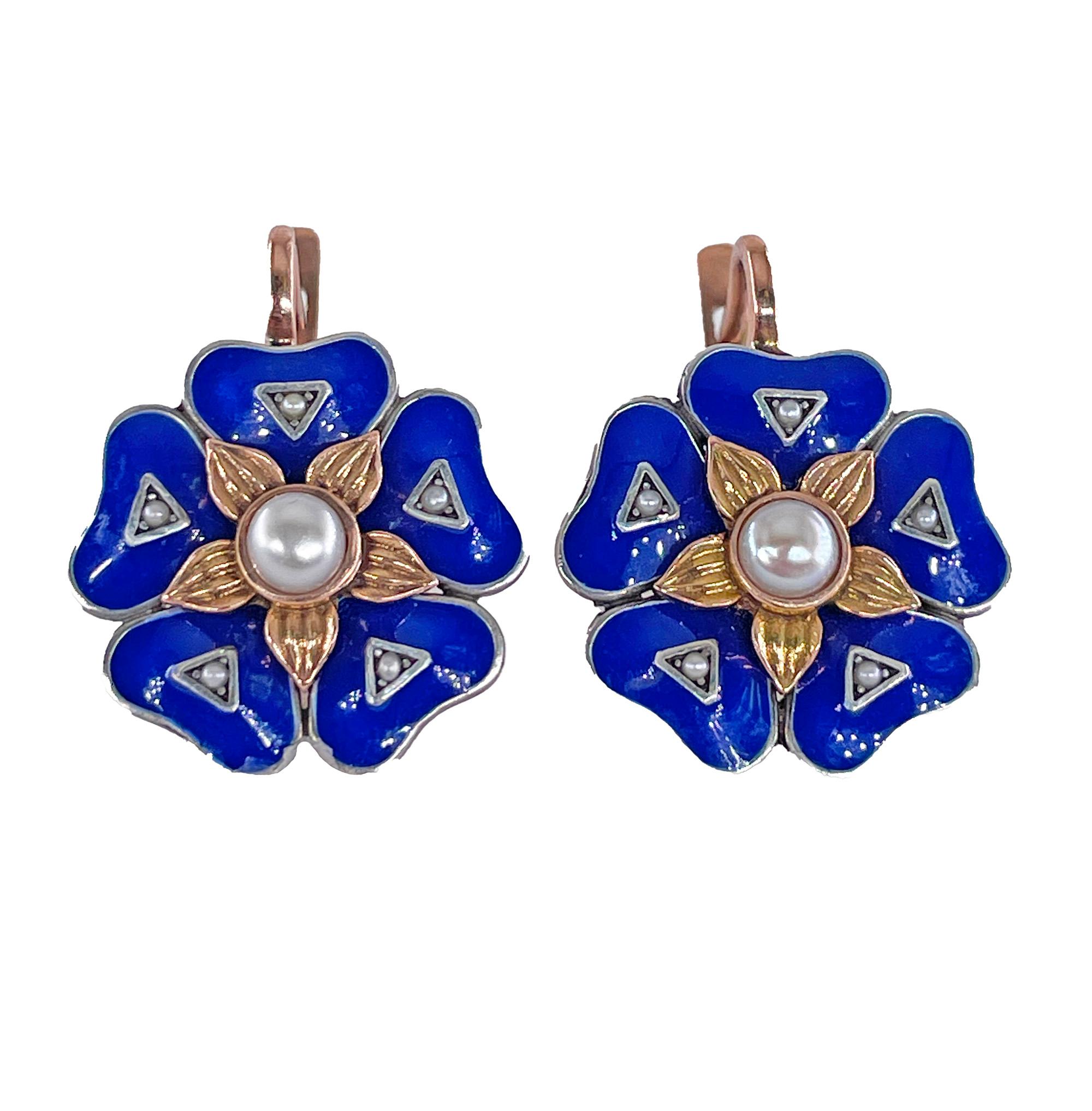 IMPERIAL RUSSIAN 14k Rose Gold Flower Pearls Blue Guilloche Enamel Drop Earrings In Good Condition In New York, NY