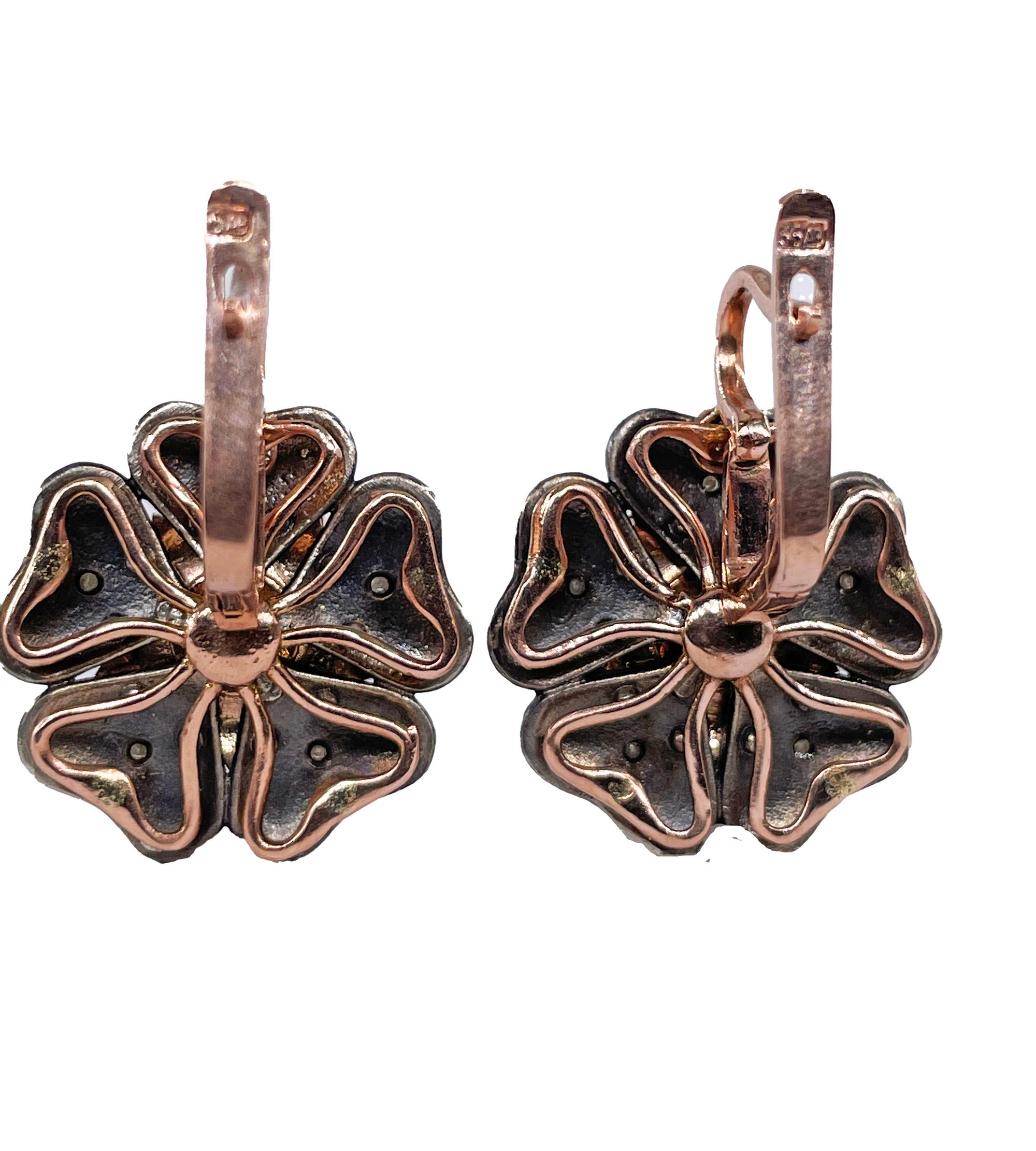 IMPERIAL RUSSIAN 14k Rose Gold Flower Pearls Blue Guilloche Enamel Drop Earrings 1