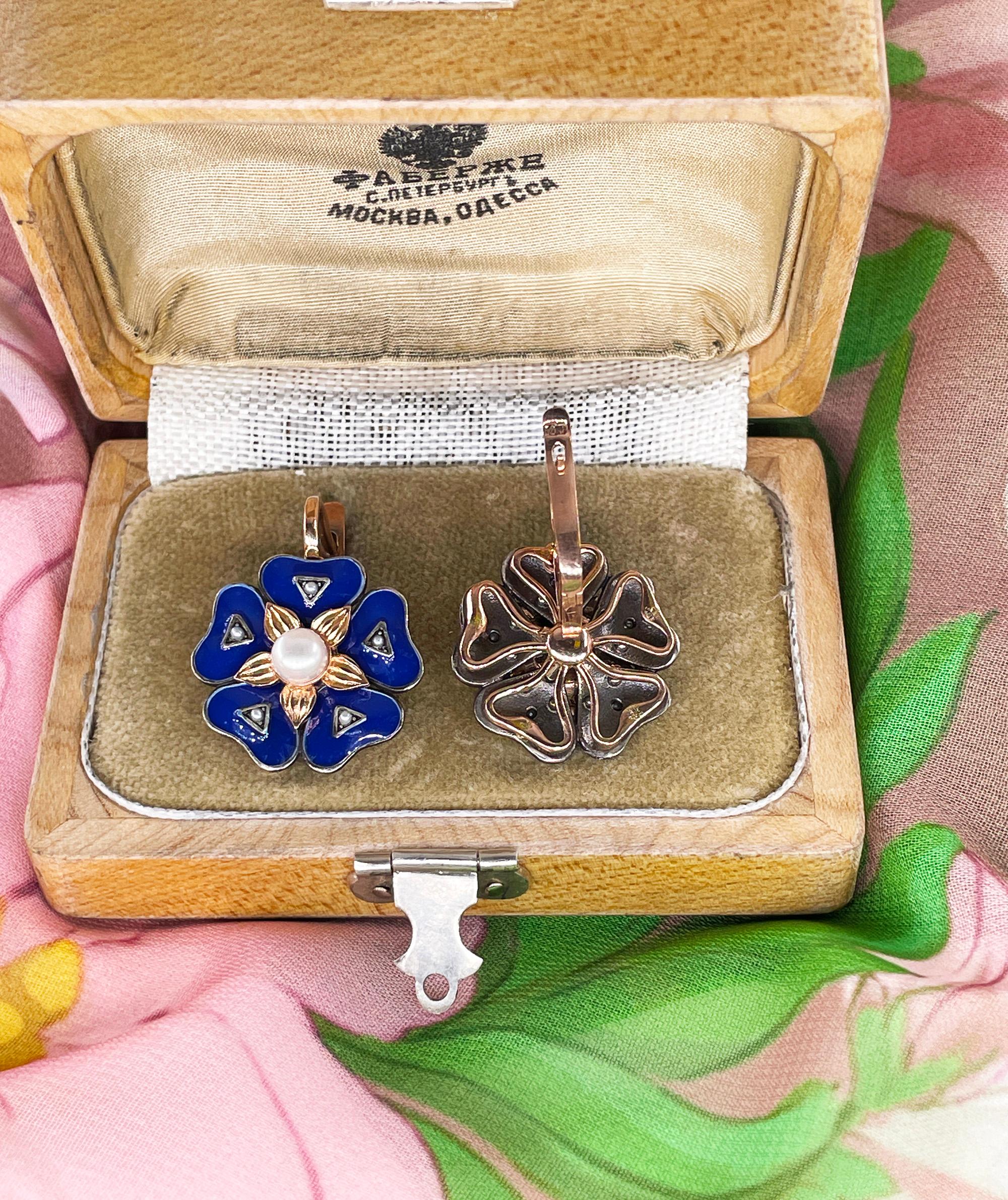 IMPERIAL RUSSIAN 14k Rose Gold Flower Pearls Blue Guilloche Enamel Drop Earrings 3