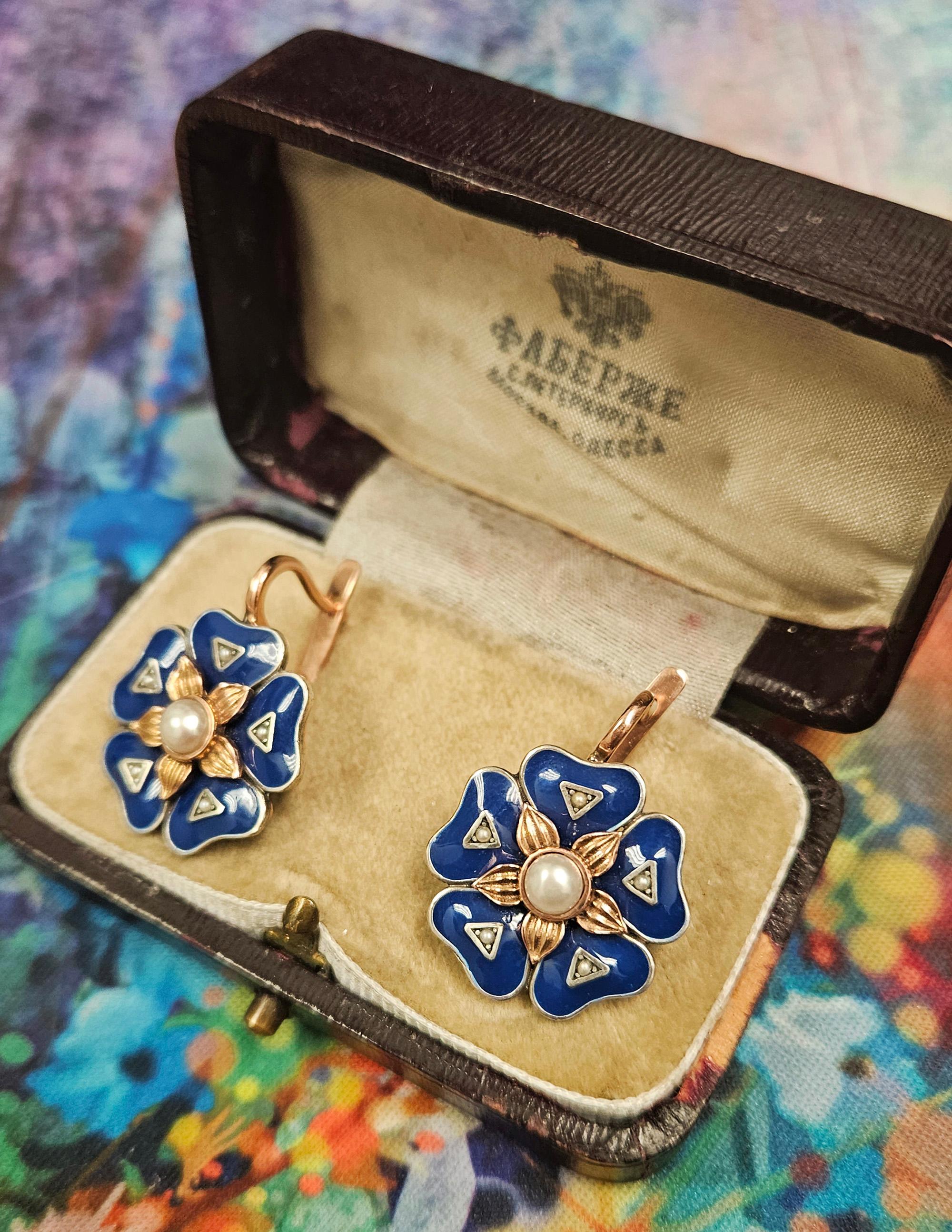 IMPERIAL RUSSIAN 14k Rose Gold Flower Pearls Blue Guilloche Enamel Drop Earrings 3