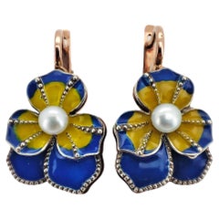 IMPERIAL RUSSIAN 14k Rose Gold Flower Pearls Guilloche Enamel Drop Earrings