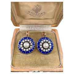 IMPERIAL RUSSIAN 14k Rose Gold Pearls Blue Guilloche Enamel Drop Earrings